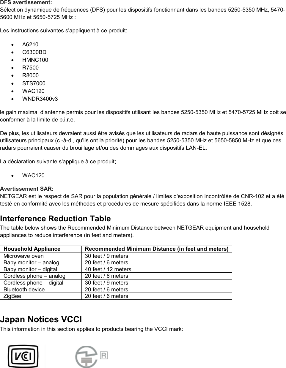  DFS avertissement: Sélection dynamique de fréquences (DFS) pour les dispositifs fonctionnant dans les bandes 5250-5350 MHz, 5470-5600 MHz et 5650-5725 MHz : Les instructions suivantes s&apos;appliquent à ce produit:   A6210   C6300BD   HMNC100   R7500   R8000   STS7000   WAC120   WNDR3400v3 le gain maximal d’antenne permis pour les dispositifs utilisant les bandes 5250-5350 MHz et 5470-5725 MHz doit se conformer à la limite de p.i.r.e. De plus, les utilisateurs devraient aussi être avisés que les utilisateurs de radars de haute puissance sont désignés utilisateurs principaux (c.-à-d., qu’ils ont la priorité) pour les bandes 5250-5350 MHz et 5650-5850 MHz et que ces radars pourraient causer du brouillage et/ou des dommages aux dispositifs LAN-EL. La déclaration suivante s&apos;applique à ce produit;   WAC120 Avertissement SAR: NETGEAR est le respect de SAR pour la population générale / limites d&apos;exposition incontrôlée de CNR-102 et a été testé en conformité avec les méthodes et procédures de mesure spécifiées dans la norme IEEE 1528. Interference Reduction Table The table below shows the Recommended Minimum Distance between NETGEAR equipment and household appliances to reduce interference (in feet and meters). Household Appliance Recommended Minimum Distance (in feet and meters) Microwave oven 30 feet / 9 meters Baby monitor – analog 20 feet / 6 meters Baby monitor – digital 40 feet / 12 meters Cordless phone – analog 20 feet / 6 meters Cordless phone – digital 30 feet / 9 meters Bluetooth device 20 feet / 6 meters ZigBee 20 feet / 6 meters Japan Notices VCCI This information in this section applies to products bearing the VCCI mark:   