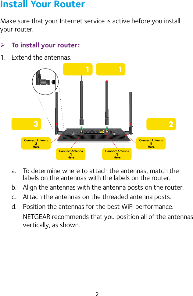 2Install Your RouterMake sure that your Internet service is active before you install your router. ¾To install your router:1.  Extend the antennas.a.  To determine where to attach the antennas, match the labels on the antennas with the labels on the router.b.  Align the antennas with the antenna posts on the router.c.  Attach the antennas on the threaded antenna posts.d.  Position the antennas for the best WiFi performance.NETGEAR recommends that you position all of the antennas vertically, as shown.