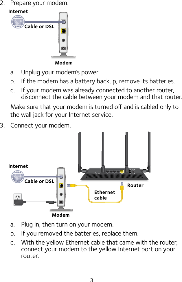 32.  Prepare your modem.a.  Unplug your modem’s power.b.  If the modem has a battery backup, remove its batteries.c.  If your modem was already connected to another router, disconnect the cable between your modem and that router.Make sure that your modem is turned o and is cabled only to the wall jack for your Internet service.3.  Connect your modem.a.  Plug in, then turn on your modem. b.  If you removed the batteries, replace them.c.  With the yellow Ethernet cable that came with the router, connect your modem to the yellow Internet port on your router.Cable or DSLModemInternetRouterEthernet cableInternetModemCable or DSL