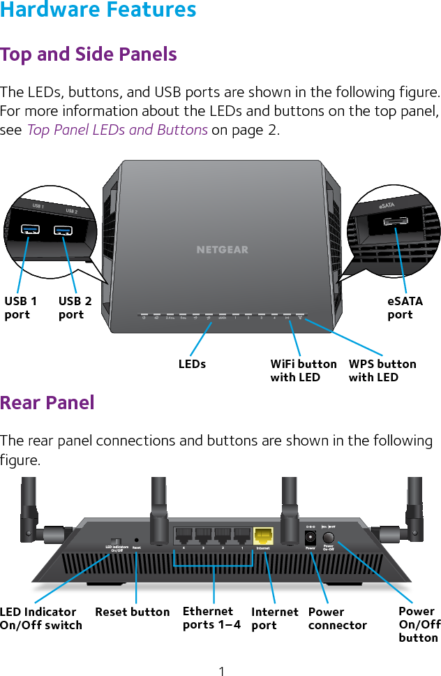 1Hardware FeaturesTop and Side PanelsThe LEDs, buttons, and USB ports are shown in the following figure. For more information about the LEDs and buttons on the top panel, see Top Panel LEDs and Buttons on page 2.Rear PanelThe rear panel connections and buttons are shown in the following figure.LEDs WPS button with LEDReset button Ethernet ports 1–4Internet portPower On/Off buttonPower connectorLED Indicator On/Off switcheSATA portUSB 1 portUSB 2 portWiFi button with LED