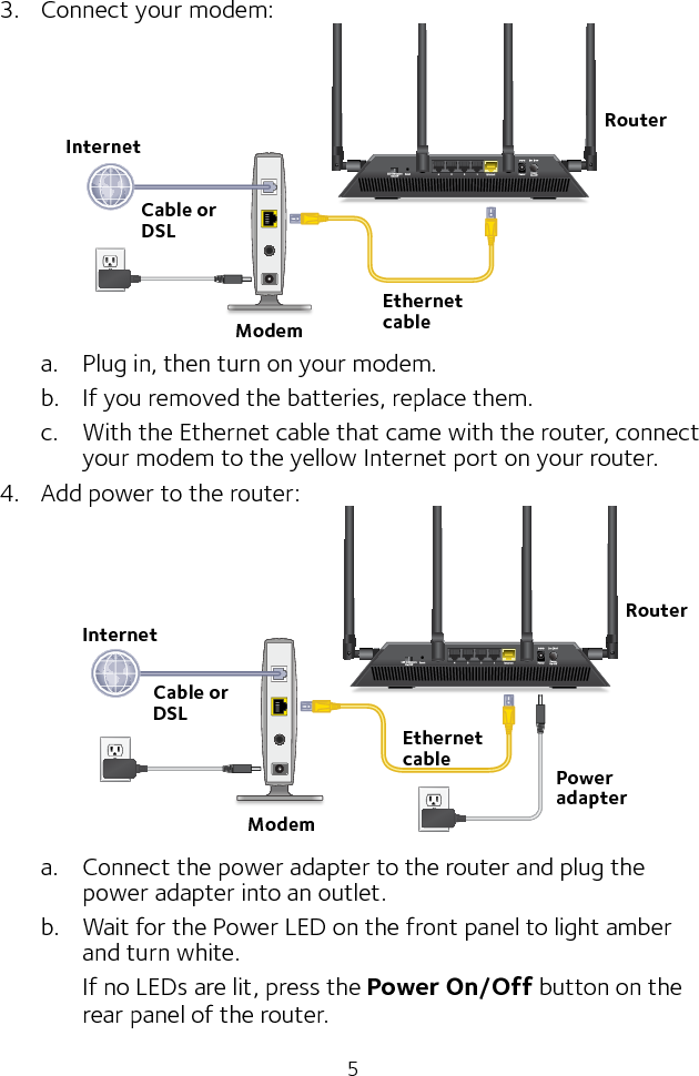 53.  Connect your modem:a.  Plug in, then turn on your modem. b.  If you removed the batteries, replace them.c.  With the Ethernet cable that came with the router, connect your modem to the yellow Internet port on your router.4.  Add power to the router:a.  Connect the power adapter to the router and plug the power adapter into an outlet.b.  Wait for the Power LED on the front panel to light amber and turn white. If no LEDs are lit, press the Power On/Off button on the rear panel of the router.Ethernet cableInternetCable or DSLRouterPower adapterCable or DSLInternetRouterEthernet cableModemModem