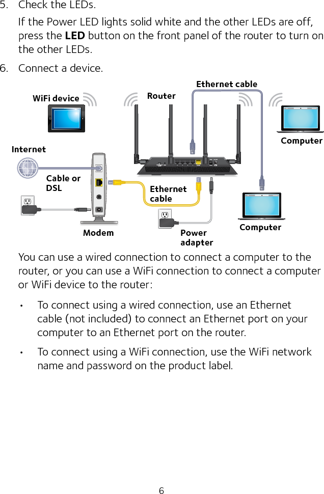 65.  Check the LEDs.If the Power LED lights solid white and the other LEDs are off, press the LED button on the front panel of the router to turn on the other LEDs.6.  Connect a device.You can use a wired connection to connect a computer to the router, or you can use a WiFi connection to connect a computer or WiFi device to the router: • To connect using a wired connection, use an Ethernet cable (not included) to connect an Ethernet port on your computer to an Ethernet port on the router.• To connect using a WiFi connection, use the WiFi network name and password on the product label.Ethernet cableModemCable or DSLEthernet cableInternetPower adapterRouterWiFi deviceComputerComputer
