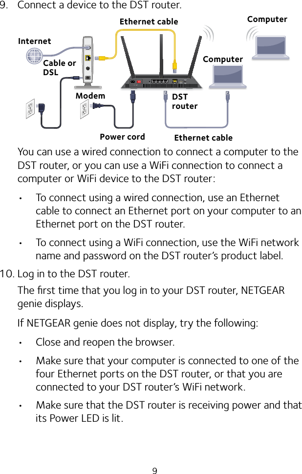99.  Connect a device to the DST router.You can use a wired connection to connect a computer to the DST router, or you can use a WiFi connection to connect a computer or WiFi device to the DST router: • To connect using a wired connection, use an Ethernet cable to connect an Ethernet port on your computer to an Ethernet port on the DST router.• To connect using a WiFi connection, use the WiFi network name and password on the DST router’s product label.10. Log in to the DST router.The ﬁrst time that you log in to your DST router, NETGEAR genie displays.If NETGEAR genie does not display, try the following:• Close and reopen the browser. • Make sure that your computer is connected to one of the four Ethernet ports on the DST router, or that you are connected to your DST router’s WiFi network.• Make sure that the DST router is receiving power and that its Power LED is lit.Ethernet cableModemCable or DSLEthernet cableInternetPower cordComputerDST routerComputer