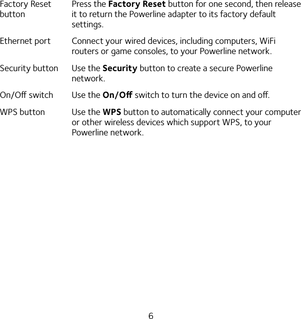 6Factory Reset buttonPress the Factory Reset button for one second, then release it to return the Powerline adapter to its factory default settings.Ethernet port Connect your wired devices, including computers, WiFi routers or game consoles, to your Powerline network.Security button Use the Security button to create a secure Powerline network.On/O switch Use the On/O switch to turn the device on and o.WPS button Use the WPS button to automatically connect your computer or other wireless devices which support WPS, to your Powerline network.