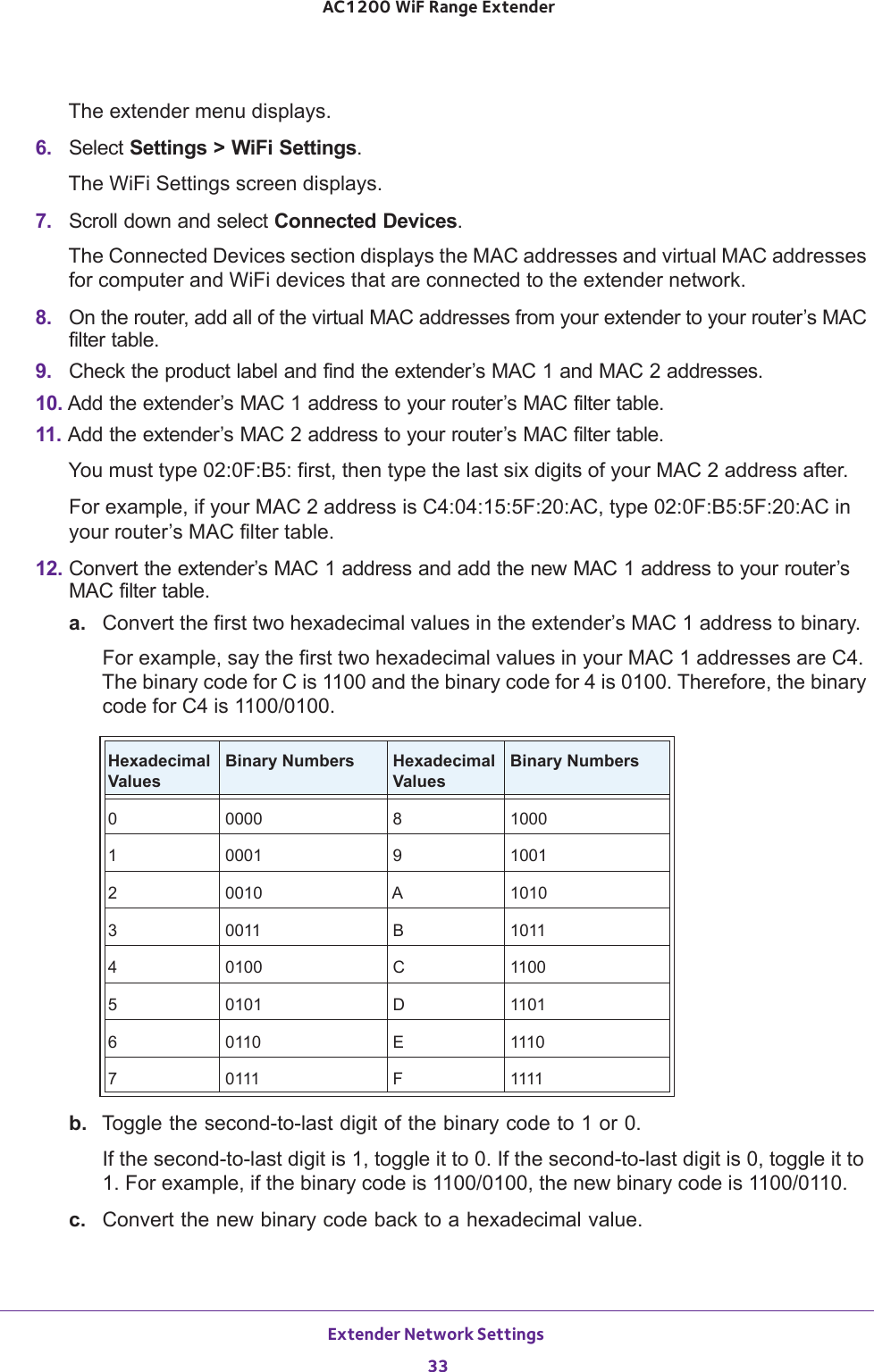 Extender Network Settings 33 AC1200 WiF Range ExtenderThe extender menu displays.6.  Select Settings &gt; WiFi Settings.The WiFi Settings screen displays.7.  Scroll down and select Connected Devices.The Connected Devices section displays the MAC addresses and virtual MAC addresses for computer and WiFi devices that are connected to the extender network.8.  On the router, add all of the virtual MAC addresses from your extender to your router’s MAC filter table.9.  Check the product label and find the extender’s MAC 1 and MAC 2 addresses.10. Add the extender’s MAC 1 address to your router’s MAC filter table.11. Add the extender’s MAC 2 address to your router’s MAC filter table.You must type 02:0F:B5: first, then type the last six digits of your MAC 2 address after.For example, if your MAC 2 address is C4:04:15:5F:20:AC, type 02:0F:B5:5F:20:AC in your router’s MAC filter table.12. Convert the extender’s MAC 1 address and add the new MAC 1 address to your router’s MAC filter table.a. Convert the first two hexadecimal values in the extender’s MAC 1 address to binary.For example, say the first two hexadecimal values in your MAC 1 addresses are C4. The binary code for C is 1100 and the binary code for 4 is 0100. Therefore, the binary code for C4 is 1100/0100.Hexadecimal ValuesBinary Numbers Hexadecimal ValuesBinary Numbers0 0000 8 10001 0001 9 10012 0010 A 10103 0011 B 10114 0100 C 11005 0101 D 11016 0110 E 11107 0111 F 1111b.  Toggle the second-to-last digit of the binary code to 1 or 0.If the second-to-last digit is 1, toggle it to 0. If the second-to-last digit is 0, toggle it to 1. For example, if the binary code is 1100/0100, the new binary code is 1100/0110.c.  Convert the new binary code back to a hexadecimal value.