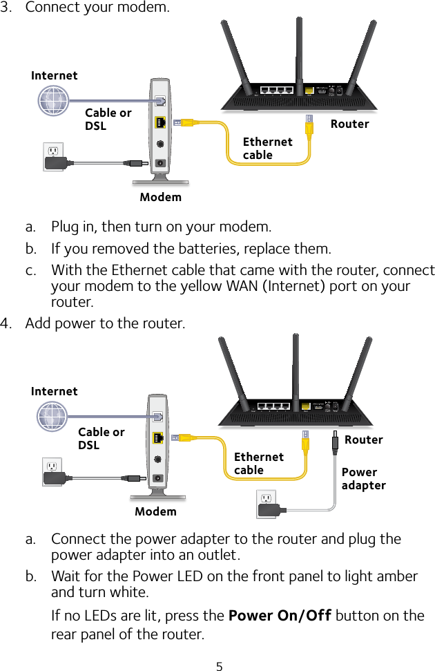 53.  Connect your modem.a.  Plug in, then turn on your modem. b.  If you removed the batteries, replace them.c.  With the Ethernet cable that came with the router, connect your modem to the yellow WAN (Internet) port on your router.4.  Add power to the router.a.  Connect the power adapter to the router and plug the power adapter into an outlet.b.  Wait for the Power LED on the front panel to light amber and turn white. If no LEDs are lit, press the Power On/Off button on the rear panel of the router.Cable or DSLModemInternetRouterEthernet cableRouterEthernet cableModemInternetPower adapterCable or DSL