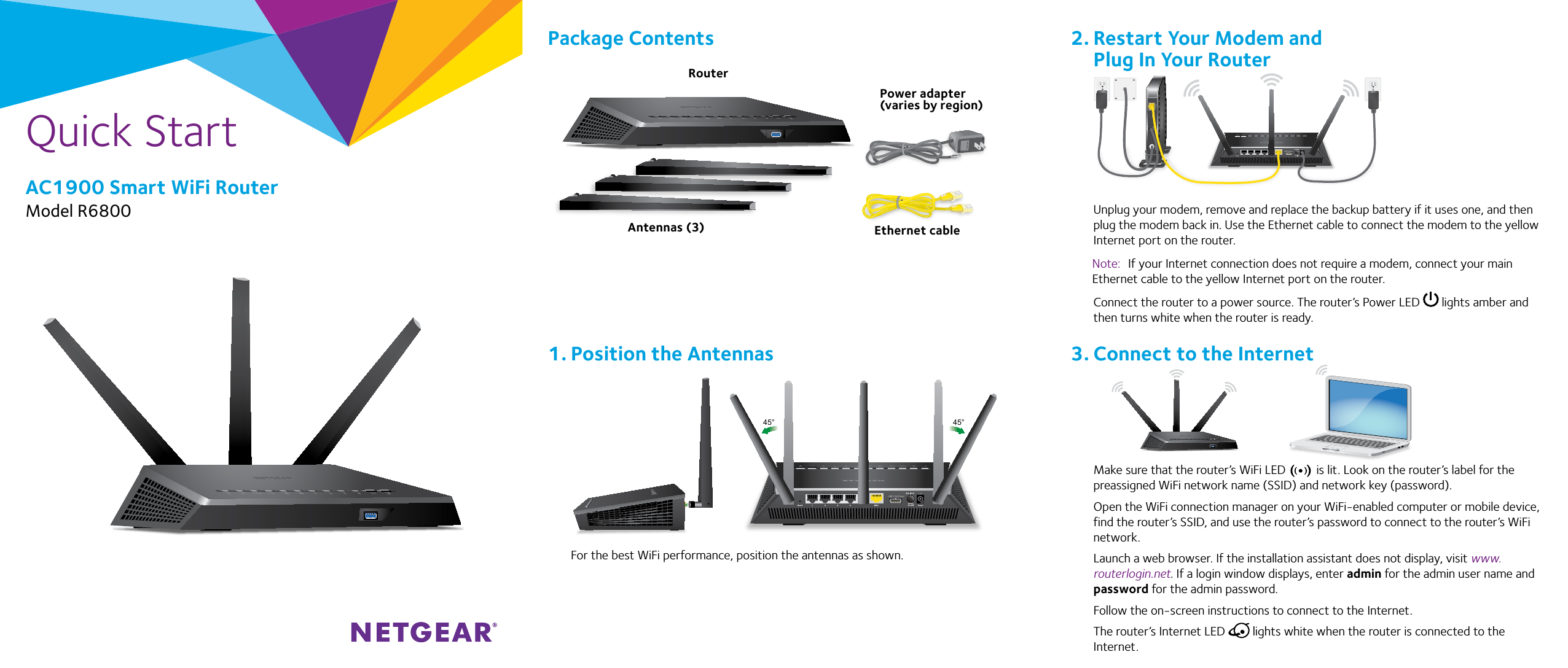 Quick StartAC1900 Smart WiFi RouterModel R6800For the best WiFi performance, position the antennas as shown.Package ContentsRouterPower adapter(varies by region)Ethernet cable1. Position the Antennas Unplug your modem, remove and replace the backup battery if it uses one, and then plug the modem back in. Use the Ethernet cable to connect the modem to the yellow Internet port on the router.Note:  If your Internet connection does not require a modem, connect your main Ethernet cable to the yellow Internet port on the router.Connect the router to a power source. The router’s Power LED   lights amber and then turns white when the router is ready. Make sure that the router’s WiFi LED   is lit. Look on the router’s label for the preassigned WiFi network name (SSID) and network key (password).Open the WiFi connection manager on your WiFi‑enabled computer or mobile device, find the router’s SSID, and use the router’s password to connect to the router’s WiFi network.Launch a web browser. If the installation assistant does not display, visit www.routerlogin.net. If a login window displays, enter admin for the admin user name and password for the admin password.Follow the on‑screen instructions to connect to the Internet.The router’s Internet LED   lights white when the router is connected to the Internet.2. Restart Your Modem and  Plug In Your Router3. Connect to the InternetAntennas (3)45° 45°