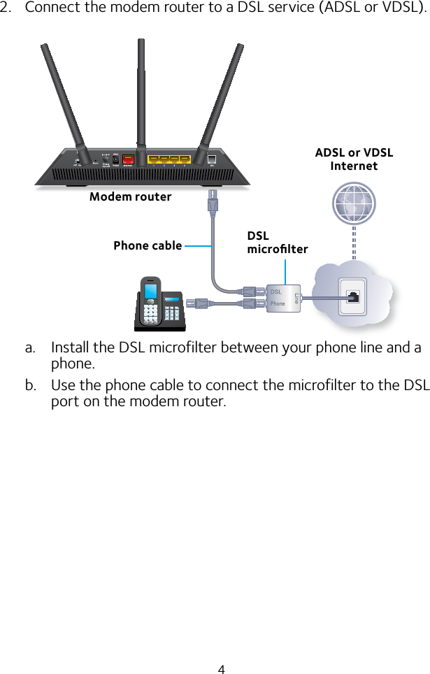 42.  Connect the modem router to a DSL service (ADSL or VDSL).a.  Install the DSL microfilter between your phone line and a phone.b.  Use the phone cable to connect the microfilter to the DSL port on the modem router.ADSL or VDSL InternetDSL microﬁlterModem routerPhone cable