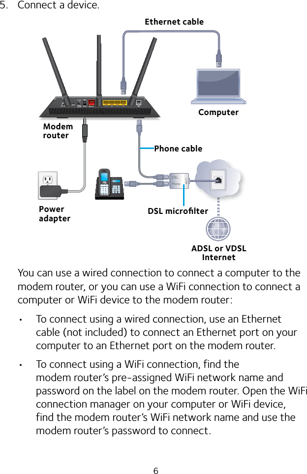 65.  Connect a device.You can use a wired connection to connect a computer to the modem router, or you can use a WiFi connection to connect a computer or WiFi device to the modem router: •  To connect using a wired connection, use an Ethernet cable (not included) to connect an Ethernet port on your computer to an Ethernet port on the modem router.•  To connect using a WiFi connection, find the modem router’s pre‑assigned WiFi network name and password on the label on the modem router. Open the WiFi connection manager on your computer or WiFi device, find the modem router’s WiFi network name and use the modem router’s password to connect.Modem routerPower adapterADSL or VDSL InternetDSL microﬁlterPhone cableEthernet cableComputer