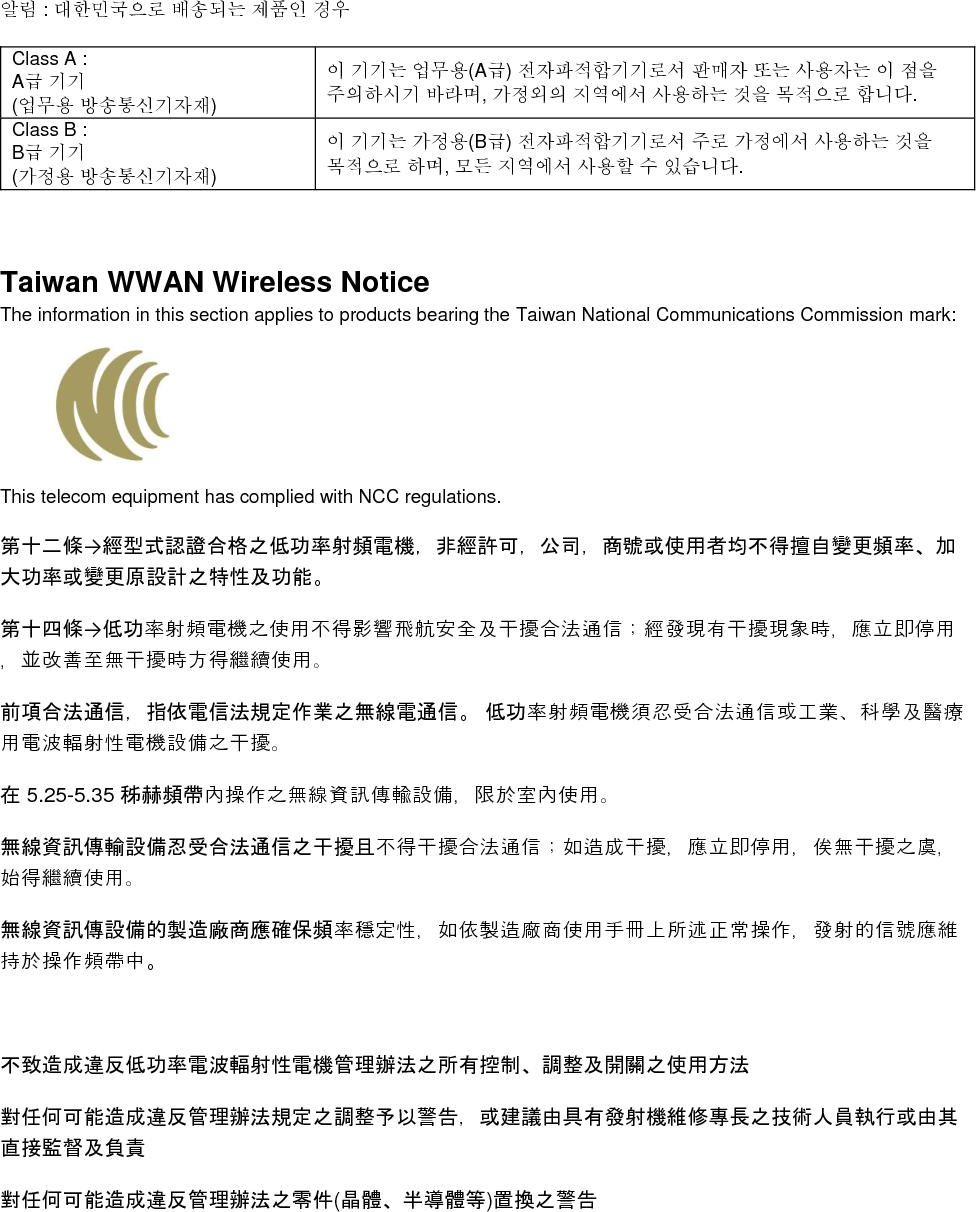    알림 : 대한민국으로 배송되는 제품인 경우 Class A :  A급 기기 (업무용 방송통신기자재) 이 기기는 업무용(A급) 전자파적합기기로서 판매자 또는 사용자는 이 점을 주의하시기 바라며, 가정외의 지역에서 사용하는 것을 목적으로 합니다. Class B :  B급 기기 (가정용 방송통신기자재) 이 기기는 가정용(B급) 전자파적합기기로서 주로 가정에서 사용하는 것을 목적으로 하며, 모든 지역에서 사용할 수 있습니다.  Taiwan WWAN Wireless Notice  The information in this section applies to products bearing the Taiwan National Communications Commission mark:    This telecom equipment has complied with NCC regulations.  第十二條→經型式認證合格之低功率射頻電機，非經許可，公司，商號或使用者均不得擅自變更頻率、加大功率或變更原設計之特性及功能。 第十四條→低功率射頻電機之使用不得影響飛航安全及干擾合法通信；經發現有干擾現象時，應立即停用，並改善至無干擾時方得繼續使用。 前項合法通信，指依電信法規定作業之無線電通信。 低功率射頻電機須忍受合法通信或工業、科學及醫療用電波輻射性電機設備之干擾。 在 5.25-5.35 秭赫頻帶內操作之無線資訊傳輸設備，限於室內使用。 無線資訊傳輸設備忍受合法通信之干擾且不得干擾合法通信；如造成干擾，應立即停用，俟無干擾之虞，始得繼續使用。 無線資訊傳設備的製造廠商應確保頻率穩定性，如依製造廠商使用手冊上所述正常操作，發射的信號應維持於操作頻帶中。  不致造成違反低功率電波輻射性電機管理辦法之所有控制、調整及開關之使用方法  對任何可能造成違反管理辦法規定之調整予以警告，或建議由具有發射機維修專長之技術人員執行或由其直接監督及負責 對任何可能造成違反管理辦法之零件(晶體、半導體等)置換之警告 