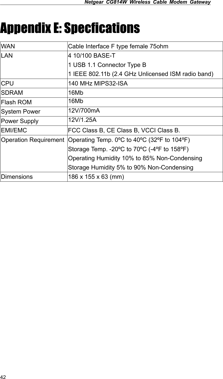 Netgear CG814W Wireless Cable Modem Gateway  Appendix E: Specfications WAN  Cable Interface F type female 75ohm LAN  4 10/100 BASE-T 1 USB 1.1 Connector Type B 1 IEEE 802.11b (2.4 GHz Unlicensed ISM radio band)   CPU  140 MHz MIPS32-ISA SDRAM 16Mb Flash ROM  16Mb  System Power  12V/700mA Power Supply  12V/1.25A EMI/EMC  FCC Class B, CE Class B, VCCI Class B. Operation Requirement  Operating Temp. 0ºC to 40ºC (32ºF to 104ºF) Storage Temp. -20ºC to 70ºC (-4ºF to 158ºF) Operating Humidity 10% to 85% Non-Condensing Storage Humidity 5% to 90% Non-Condensing Dimensions  186 x 155 x 63 (mm)  42 