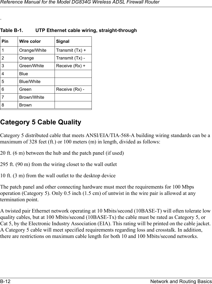 Reference Manual for the Model DG834G Wireless ADSL Firewall RouterB-12 Network and Routing Basics .Category 5 Cable QualityCategory 5 distributed cable that meets ANSI/EIA/TIA-568-A building wiring standards can be a maximum of 328 feet (ft.) or 100 meters (m) in length, divided as follows:20 ft. (6 m) between the hub and the patch panel (if used)295 ft. (90 m) from the wiring closet to the wall outlet10 ft. (3 m) from the wall outlet to the desktop deviceThe patch panel and other connecting hardware must meet the requirements for 100 Mbps operation (Category 5). Only 0.5 inch (1.5 cm) of untwist in the wire pair is allowed at any termination point.A twisted pair Ethernet network operating at 10 Mbits/second (10BASE-T) will often tolerate low quality cables, but at 100 Mbits/second (10BASE-Tx) the cable must be rated as Category 5, or Cat 5, by the Electronic Industry Association (EIA). This rating will be printed on the cable jacket. A Category 5 cable will meet specified requirements regarding loss and crosstalk. In addition, there are restrictions on maximum cable length for both 10 and 100 Mbits/second networks.Table B-1. UTP Ethernet cable wiring, straight-throughPin Wire color Signal1 Orange/White Transmit (Tx) +2 Orange Transmit (Tx) -3 Green/White Receive (Rx) +4Blue5 Blue/White6 Green Receive (Rx) -7 Brown/White8Brown