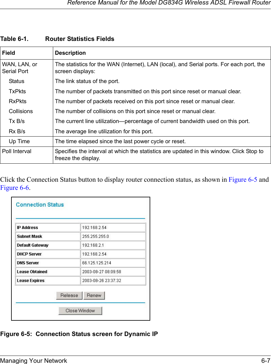 Reference Manual for the Model DG834G Wireless ADSL Firewall RouterManaging Your Network 6-7 Click the Connection Status button to display router connection status, as shown in Figure 6-5 and Figure 6-6.Figure 6-5:  Connection Status screen for Dynamic IPTable 6-1. Router Statistics FieldsField DescriptionWAN, LAN, or Serial PortThe statistics for the WAN (Internet), LAN (local), and Serial ports. For each port, the screen displays:Status The link status of the port.TxPkts The number of packets transmitted on this port since reset or manual clear.RxPkts The number of packets received on this port since reset or manual clear.Collisions The number of collisions on this port since reset or manual clear.Tx B/s The current line utilization—percentage of current bandwidth used on this port.Rx B/s The average line utilization for this port.Up Time The time elapsed since the last power cycle or reset.Poll Interval Specifies the interval at which the statistics are updated in this window. Click Stop to freeze the display.