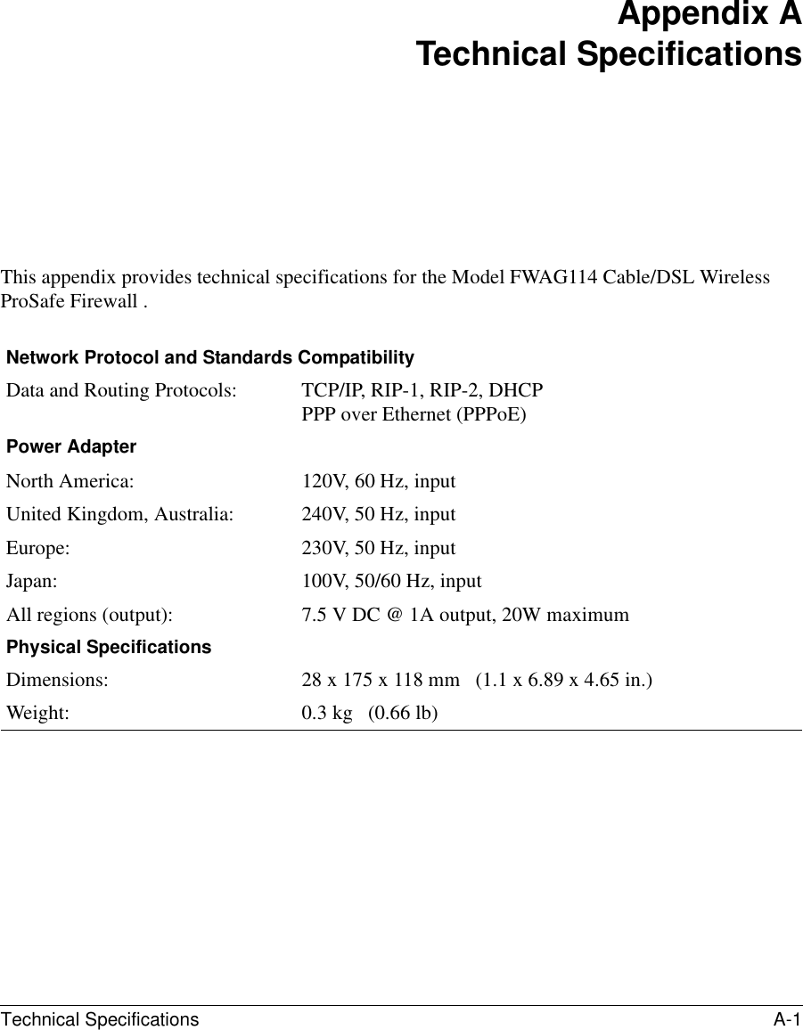 Technical Specifications A-1 Appendix ATechnical SpecificationsThis appendix provides technical specifications for the Model FWAG114 Cable/DSL Wireless ProSafe Firewall .Network Protocol and Standards CompatibilityData and Routing Protocols: TCP/IP, RIP-1, RIP-2, DHCP PPP over Ethernet (PPPoE)Power AdapterNorth America: 120V, 60 Hz, inputUnited Kingdom, Australia: 240V, 50 Hz, inputEurope: 230V, 50 Hz, inputJapan: 100V, 50/60 Hz, inputAll regions (output): 7.5 V DC @ 1A output, 20W maximumPhysical SpecificationsDimensions: 28 x 175 x 118 mm   (1.1 x 6.89 x 4.65 in.)Weight: 0.3 kg   (0.66 lb)