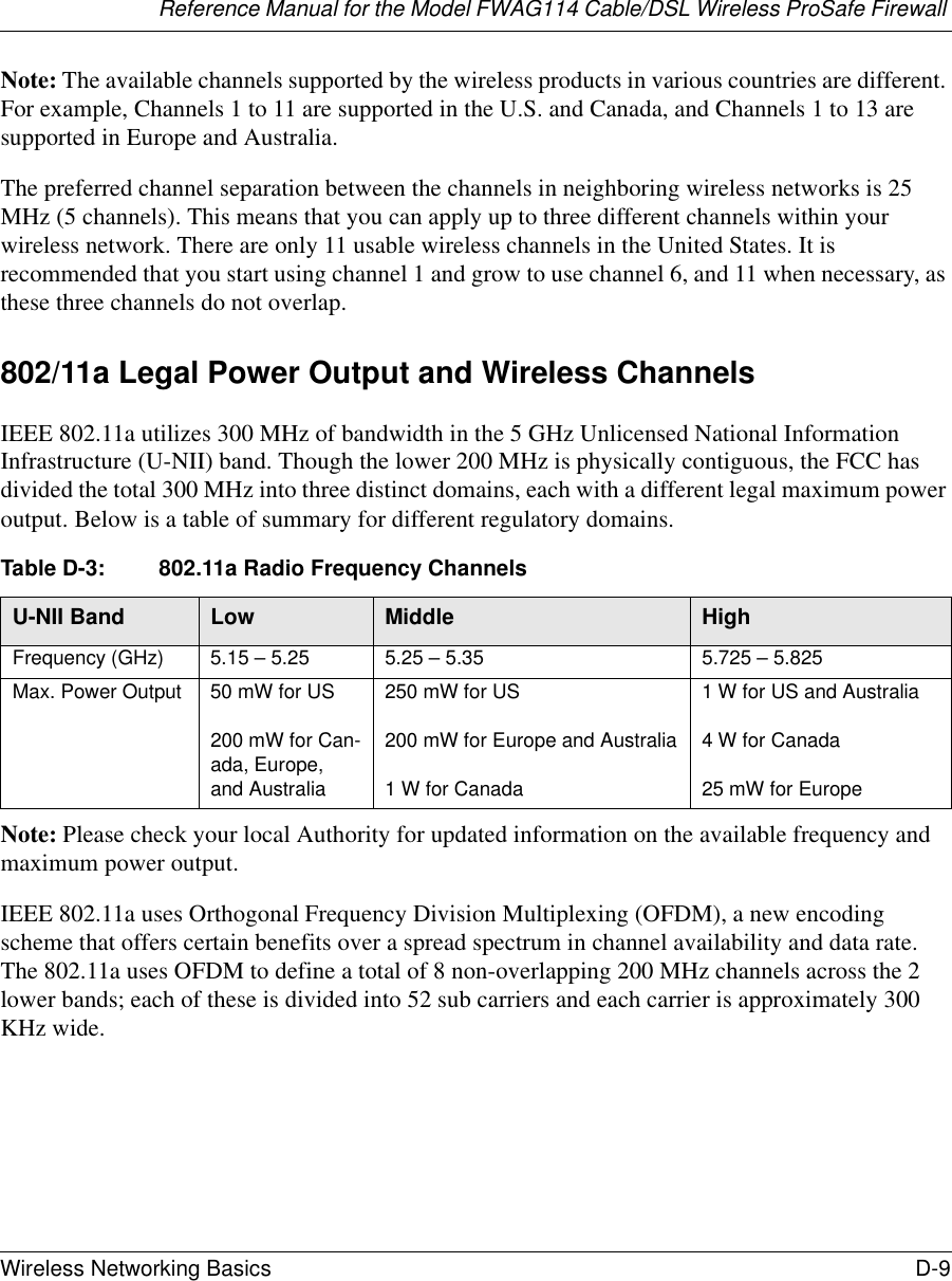 Reference Manual for the Model FWAG114 Cable/DSL Wireless ProSafe Firewall Wireless Networking Basics D-9 Note: The available channels supported by the wireless products in various countries are different. For example, Channels 1 to 11 are supported in the U.S. and Canada, and Channels 1 to 13 are supported in Europe and Australia.The preferred channel separation between the channels in neighboring wireless networks is 25 MHz (5 channels). This means that you can apply up to three different channels within your wireless network. There are only 11 usable wireless channels in the United States. It is recommended that you start using channel 1 and grow to use channel 6, and 11 when necessary, as these three channels do not overlap.802/11a Legal Power Output and Wireless ChannelsIEEE 802.11a utilizes 300 MHz of bandwidth in the 5 GHz Unlicensed National Information Infrastructure (U-NII) band. Though the lower 200 MHz is physically contiguous, the FCC has divided the total 300 MHz into three distinct domains, each with a different legal maximum power output. Below is a table of summary for different regulatory domains.Table D-3: 802.11a Radio Frequency ChannelsNote: Please check your local Authority for updated information on the available frequency and maximum power output.IEEE 802.11a uses Orthogonal Frequency Division Multiplexing (OFDM), a new encoding scheme that offers certain benefits over a spread spectrum in channel availability and data rate. The 802.11a uses OFDM to define a total of 8 non-overlapping 200 MHz channels across the 2 lower bands; each of these is divided into 52 sub carriers and each carrier is approximately 300 KHz wide.U-NII Band Low Middle HighFrequency (GHz) 5.15 – 5.25 5.25 – 5.35 5.725 – 5.825Max. Power Output 50 mW for US200 mW for Can-ada, Europe, and Australia250 mW for US200 mW for Europe and Australia1 W for Canada1 W for US and Australia4 W for Canada25 mW for Europe