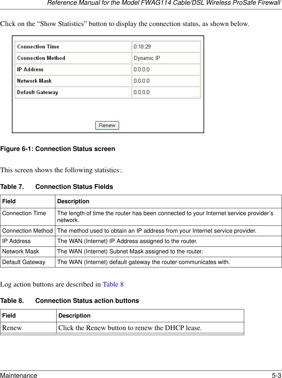 Reference Manual for the Model FWAG114 Cable/DSL Wireless ProSafe Firewall Maintenance 5-3 Click on the “Show Statistics” button to display the connection status, as shown below.Figure 6-1: Connection Status screenThis screen shows the following statistics:.Log action buttons are described in Table 8Table 7. Connection Status Fields Field DescriptionConnection Time The length of time the router has been connected to your Internet service provider’s network.Connection Method The method used to obtain an IP address from your Internet service provider.IP Address The WAN (Internet) IP Address assigned to the router.Network Mask The WAN (Internet) Subnet Mask assigned to the router.Default Gateway The WAN (Internet) default gateway the router communicates with.Table 8. Connection Status action buttonsField DescriptionRenew Click the Renew button to renew the DHCP lease.