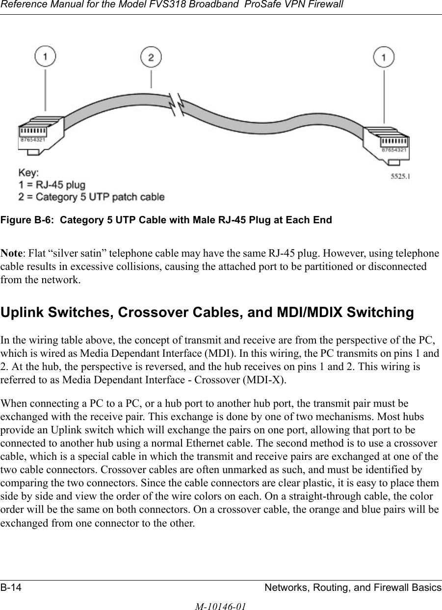 Reference Manual for the Model FVS318 Broadband  ProSafe VPN Firewall B-14 Networks, Routing, and Firewall BasicsM-10146-01Figure B-6:  Category 5 UTP Cable with Male RJ-45 Plug at Each EndNote: Flat “silver satin” telephone cable may have the same RJ-45 plug. However, using telephone cable results in excessive collisions, causing the attached port to be partitioned or disconnected from the network.Uplink Switches, Crossover Cables, and MDI/MDIX SwitchingIn the wiring table above, the concept of transmit and receive are from the perspective of the PC, which is wired as Media Dependant Interface (MDI). In this wiring, the PC transmits on pins 1 and 2. At the hub, the perspective is reversed, and the hub receives on pins 1 and 2. This wiring is referred to as Media Dependant Interface - Crossover (MDI-X). When connecting a PC to a PC, or a hub port to another hub port, the transmit pair must be exchanged with the receive pair. This exchange is done by one of two mechanisms. Most hubs provide an Uplink switch which will exchange the pairs on one port, allowing that port to be connected to another hub using a normal Ethernet cable. The second method is to use a crossover cable, which is a special cable in which the transmit and receive pairs are exchanged at one of the two cable connectors. Crossover cables are often unmarked as such, and must be identified by comparing the two connectors. Since the cable connectors are clear plastic, it is easy to place them side by side and view the order of the wire colors on each. On a straight-through cable, the color order will be the same on both connectors. On a crossover cable, the orange and blue pairs will be exchanged from one connector to the other.