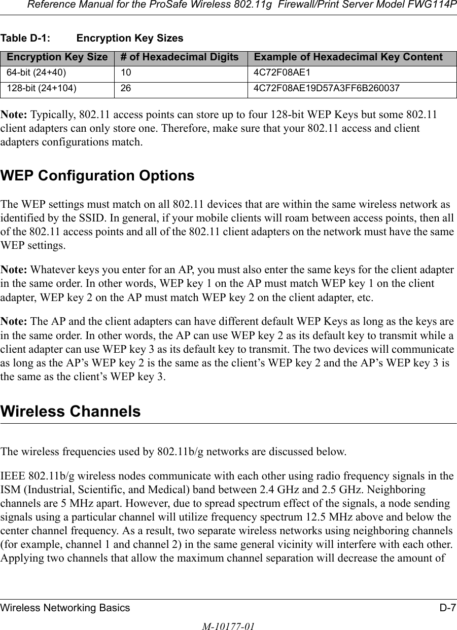 Reference Manual for the ProSafe Wireless 802.11g  Firewall/Print Server Model FWG114PWireless Networking Basics D-7M-10177-01Table D-1: Encryption Key SizesNote: Typically, 802.11 access points can store up to four 128-bit WEP Keys but some 802.11 client adapters can only store one. Therefore, make sure that your 802.11 access and client adapters configurations match.WEP Configuration OptionsThe WEP settings must match on all 802.11 devices that are within the same wireless network as identified by the SSID. In general, if your mobile clients will roam between access points, then all of the 802.11 access points and all of the 802.11 client adapters on the network must have the same WEP settings. Note: Whatever keys you enter for an AP, you must also enter the same keys for the client adapter in the same order. In other words, WEP key 1 on the AP must match WEP key 1 on the client adapter, WEP key 2 on the AP must match WEP key 2 on the client adapter, etc.Note: The AP and the client adapters can have different default WEP Keys as long as the keys are in the same order. In other words, the AP can use WEP key 2 as its default key to transmit while a client adapter can use WEP key 3 as its default key to transmit. The two devices will communicate as long as the AP’s WEP key 2 is the same as the client’s WEP key 2 and the AP’s WEP key 3 is the same as the client’s WEP key 3.Wireless ChannelsThe wireless frequencies used by 802.11b/g networks are discussed below.IEEE 802.11b/g wireless nodes communicate with each other using radio frequency signals in the ISM (Industrial, Scientific, and Medical) band between 2.4 GHz and 2.5 GHz. Neighboring channels are 5 MHz apart. However, due to spread spectrum effect of the signals, a node sending signals using a particular channel will utilize frequency spectrum 12.5 MHz above and below the center channel frequency. As a result, two separate wireless networks using neighboring channels (for example, channel 1 and channel 2) in the same general vicinity will interfere with each other. Applying two channels that allow the maximum channel separation will decrease the amount of Encryption Key Size # of Hexadecimal Digits Example of Hexadecimal Key Content64-bit (24+40) 10 4C72F08AE1128-bit (24+104) 26 4C72F08AE19D57A3FF6B260037