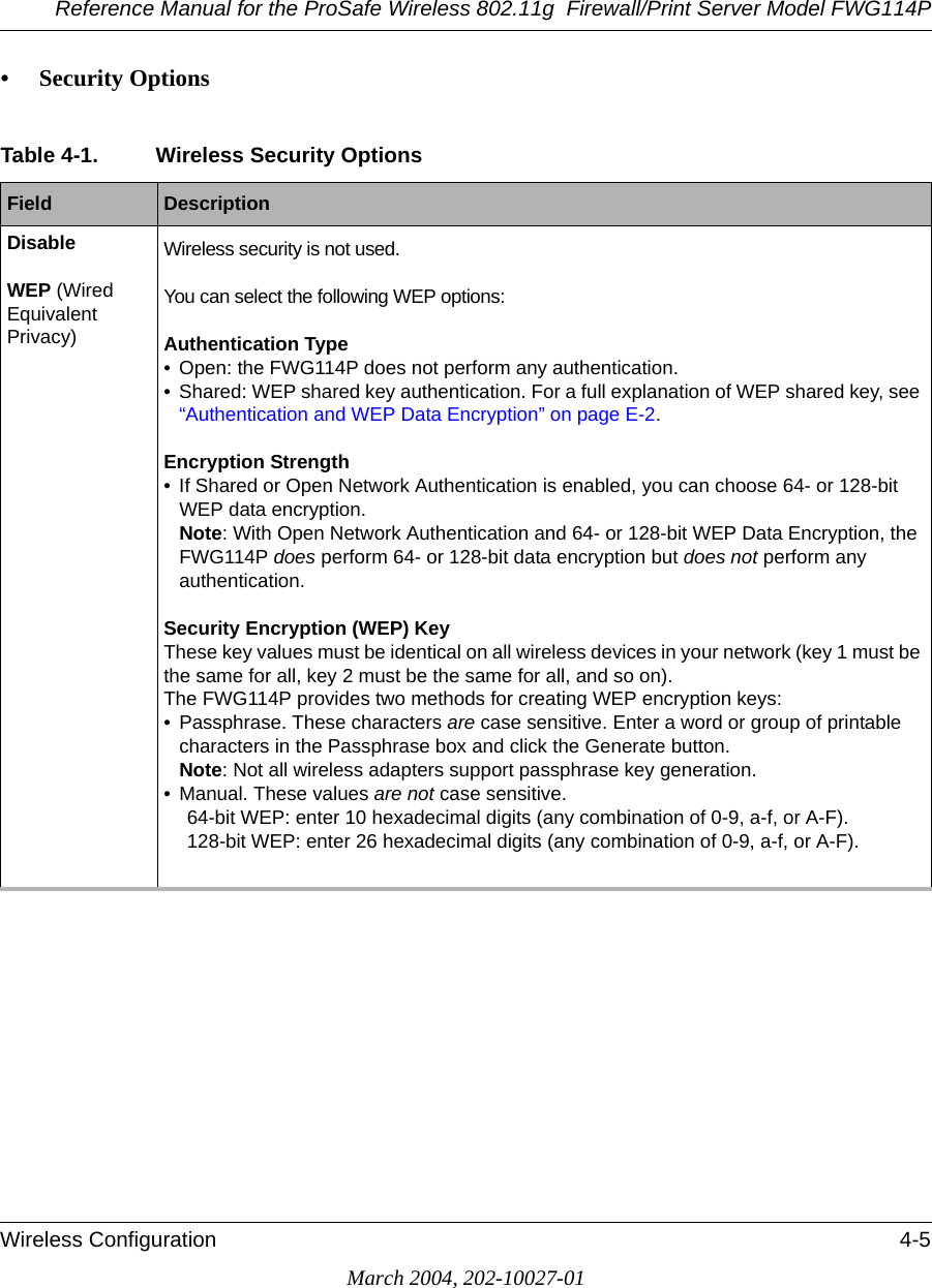 Reference Manual for the ProSafe Wireless 802.11g  Firewall/Print Server Model FWG114PWireless Configuration 4-5March 2004, 202-10027-01• Security OptionsTable 4-1. Wireless Security OptionsField  DescriptionDisable Wireless security is not used.WEP (Wired Equivalent Privacy)You can select the following WEP options: Authentication Type• Open: the FWG114P does not perform any authentication. • Shared: WEP shared key authentication. For a full explanation of WEP shared key, see “Authentication and WEP Data Encryption” on page E-2. Encryption Strength• If Shared or Open Network Authentication is enabled, you can choose 64- or 128-bit WEP data encryption. Note: With Open Network Authentication and 64- or 128-bit WEP Data Encryption, the FWG114P does perform 64- or 128-bit data encryption but does not perform any authentication. Security Encryption (WEP) KeyThese key values must be identical on all wireless devices in your network (key 1 must be the same for all, key 2 must be the same for all, and so on). The FWG114P provides two methods for creating WEP encryption keys:• Passphrase. These characters are case sensitive. Enter a word or group of printable characters in the Passphrase box and click the Generate button. Note: Not all wireless adapters support passphrase key generation.• Manual. These values are not case sensitive. 64-bit WEP: enter 10 hexadecimal digits (any combination of 0-9, a-f, or A-F).128-bit WEP: enter 26 hexadecimal digits (any combination of 0-9, a-f, or A-F). 