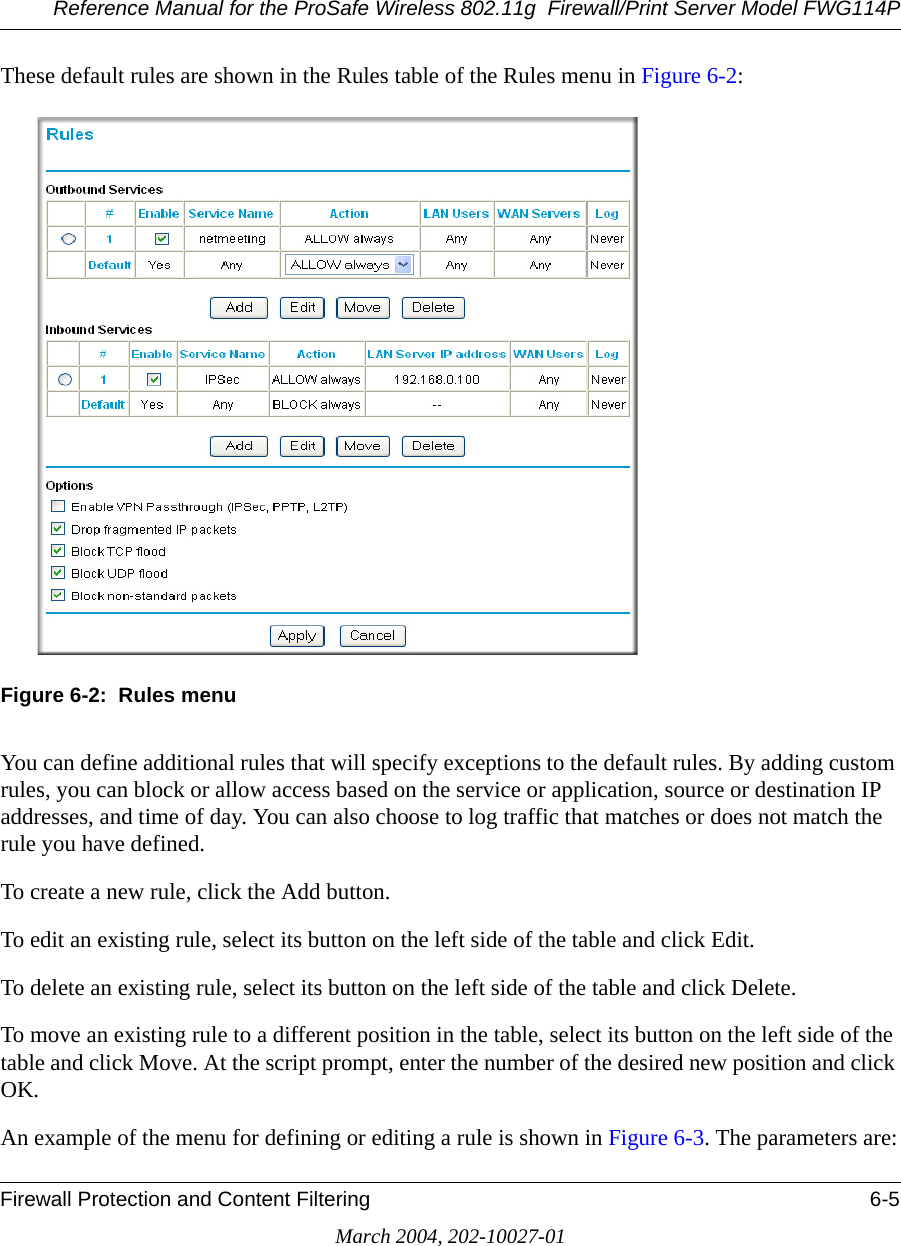 Reference Manual for the ProSafe Wireless 802.11g  Firewall/Print Server Model FWG114PFirewall Protection and Content Filtering 6-5March 2004, 202-10027-01These default rules are shown in the Rules table of the Rules menu in Figure 6-2:Figure 6-2:  Rules menuYou can define additional rules that will specify exceptions to the default rules. By adding custom rules, you can block or allow access based on the service or application, source or destination IP addresses, and time of day. You can also choose to log traffic that matches or does not match the rule you have defined.To create a new rule, click the Add button.To edit an existing rule, select its button on the left side of the table and click Edit.To delete an existing rule, select its button on the left side of the table and click Delete.To move an existing rule to a different position in the table, select its button on the left side of the table and click Move. At the script prompt, enter the number of the desired new position and click OK.An example of the menu for defining or editing a rule is shown in Figure 6-3. The parameters are: