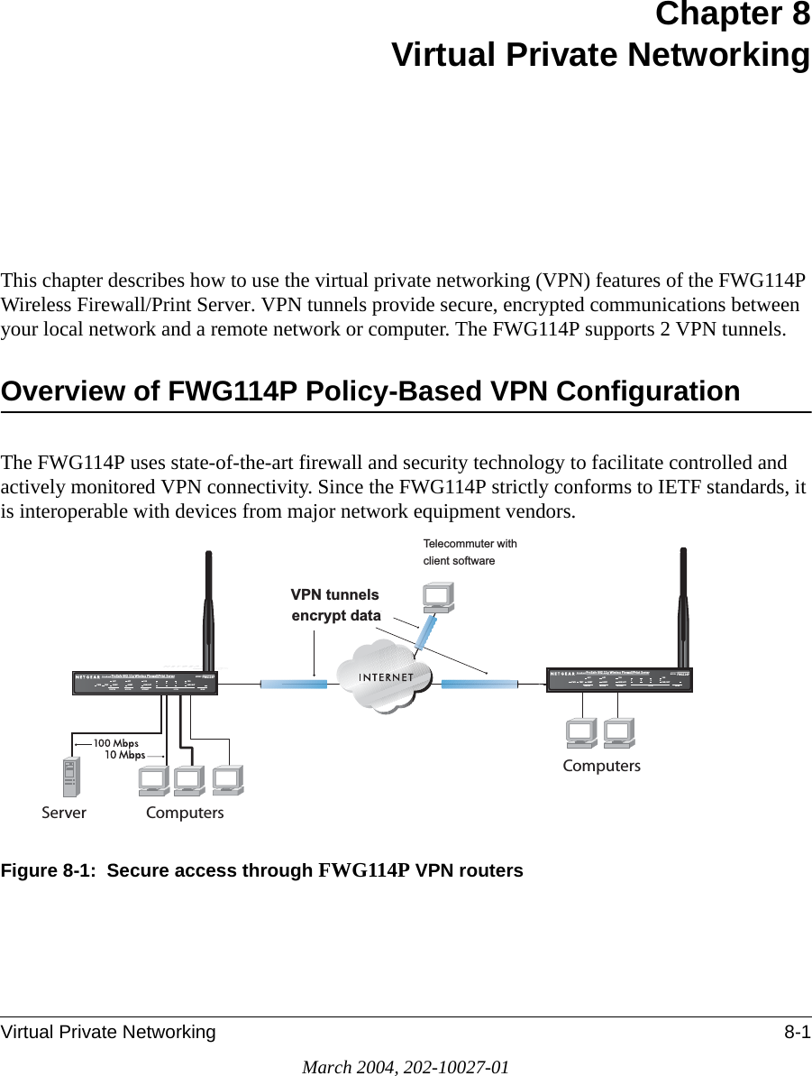 Virtual Private Networking 8-1March 2004, 202-10027-01Chapter 8 Virtual Private NetworkingThis chapter describes how to use the virtual private networking (VPN) features of the FWG114P Wireless Firewall/Print Server. VPN tunnels provide secure, encrypted communications between your local network and a remote network or computer. The FWG114P supports 2 VPN tunnels. Overview of FWG114P Policy-Based VPN ConfigurationThe FWG114P uses state-of-the-art firewall and security technology to facilitate controlled and actively monitored VPN connectivity. Since the FWG114P strictly conforms to IETF standards, it is interoperable with devices from major network equipment vendors.Figure 8-1:  Secure access through FWG114P VPN routers 931WXQQHOVHQFU\SWGDWD7HOHFRPPXWHUZLWKFOLHQWVRIWZDUH+Á.?wjËoåÔ±¤¤~Ë8ÁjjÄÄËÁjÝ?Ê+ÁÍË.jÁÜjÁÁ?aM?a  # 8¤¤|+3:502).4%2 -/$%- ).4%2.%4 ,/#!, 7,!.7(67$&amp;7$/(57$&amp;7$/(57/1.$&amp;7/1.$&amp;7+Á.?wjËoåÔ±¤¤~Ë8ÁjjÄÄËÁjÝ?Ê+ÁÍË.jÁÜjÁÁ?aM?a  # 8¤¤|+3:502).4%2 -/$%- ).4%2.%4 ,/#!, 7,!.7(67$&amp;7$/(57$&amp;7$/(57/1.$&amp;7/1.$&amp;7#OMPUTERS#OMPUTERS3ERVER