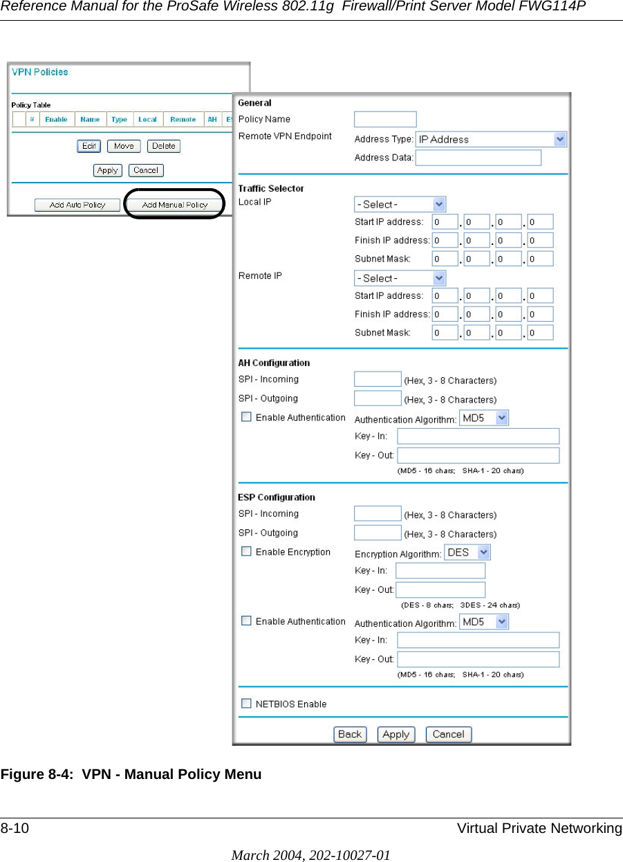 Reference Manual for the ProSafe Wireless 802.11g  Firewall/Print Server Model FWG114P8-10 Virtual Private NetworkingMarch 2004, 202-10027-01Figure 8-4:  VPN - Manual Policy Menu