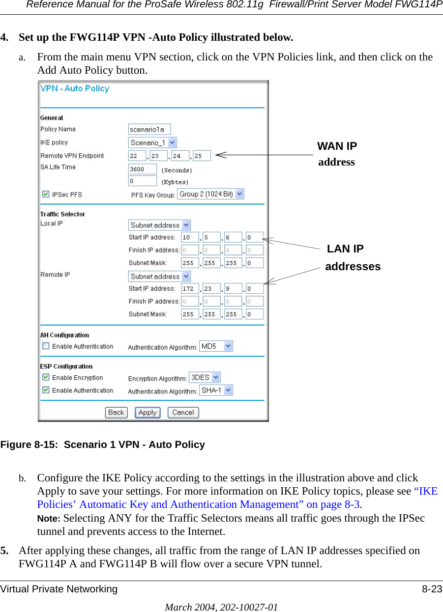 Reference Manual for the ProSafe Wireless 802.11g  Firewall/Print Server Model FWG114PVirtual Private Networking 8-23March 2004, 202-10027-014. Set up the FWG114P VPN -Auto Policy illustrated below.a. From the main menu VPN section, click on the VPN Policies link, and then click on the Add Auto Policy button. Figure 8-15:  Scenario 1 VPN - Auto Policyb. Configure the IKE Policy according to the settings in the illustration above and click Apply to save your settings. For more information on IKE Policy topics, please see “IKE Policies’ Automatic Key and Authentication Management” on page 8-3. Note: Selecting ANY for the Traffic Selectors means all traffic goes through the IPSec tunnel and prevents access to the Internet.5. After applying these changes, all traffic from the range of LAN IP addresses specified on FWG114P A and FWG114P B will flow over a secure VPN tunnel. WAN IPaddressLAN IPaddresses