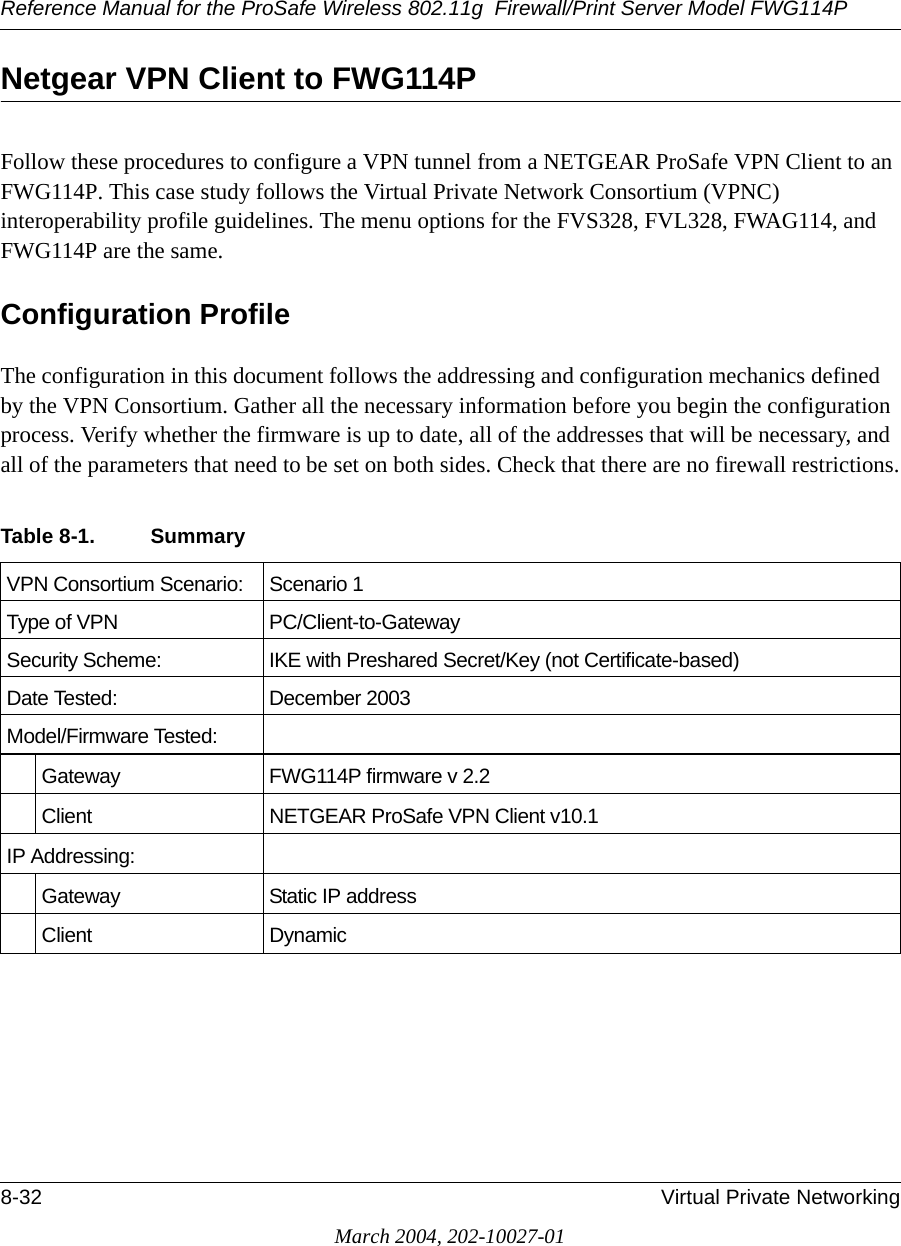 Reference Manual for the ProSafe Wireless 802.11g  Firewall/Print Server Model FWG114P8-32 Virtual Private NetworkingMarch 2004, 202-10027-01Netgear VPN Client to FWG114PFollow these procedures to configure a VPN tunnel from a NETGEAR ProSafe VPN Client to an FWG114P. This case study follows the Virtual Private Network Consortium (VPNC) interoperability profile guidelines. The menu options for the FVS328, FVL328, FWAG114, and FWG114P are the same.Configuration ProfileThe configuration in this document follows the addressing and configuration mechanics defined by the VPN Consortium. Gather all the necessary information before you begin the configuration process. Verify whether the firmware is up to date, all of the addresses that will be necessary, and all of the parameters that need to be set on both sides. Check that there are no firewall restrictions.Table 8-1. SummaryVPN Consortium Scenario: Scenario 1Type of VPN  PC/Client-to-GatewaySecurity Scheme: IKE with Preshared Secret/Key (not Certificate-based)Date Tested: December 2003Model/Firmware Tested:Gateway  FWG114P firmware v 2.2 Client  NETGEAR ProSafe VPN Client v10.1IP Addressing:Gateway Static IP addressClient Dynamic