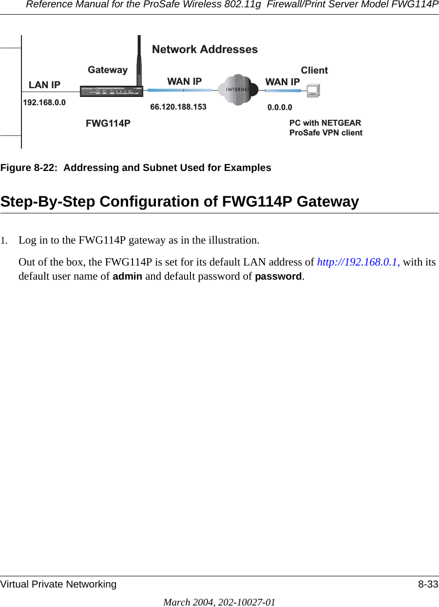 Reference Manual for the ProSafe Wireless 802.11g  Firewall/Print Server Model FWG114PVirtual Private Networking 8-33March 2004, 202-10027-01Figure 8-22:  Addressing and Subnet Used for ExamplesStep-By-Step Configuration of FWG114P Gateway1. Log in to the FWG114P gateway as in the illustration.Out of the box, the FWG114P is set for its default LAN address of http://192.168.0.1, with its default user name of admin and default password of password. /$1,3*DWHZD\:$1,3 :$1,31HWZRUN$GGUHVVHV&amp;OLHQW3&amp;ZLWK1(7*($53UR6DIH931FOLHQW):*3+Á.?wjËoåÔ±¤¤~Ë8ÁjjÄÄËÁjÝ?Ê+ÁÍË.jÁÜjÁÁ?aM?a  # 8¤¤|+3:502).4%2 -/$%- ).4%2.%4 ,/#!, 7,!.7(67$&amp;7$/(57$&amp;7$/(57/1.$&amp;7/1.$&amp;7