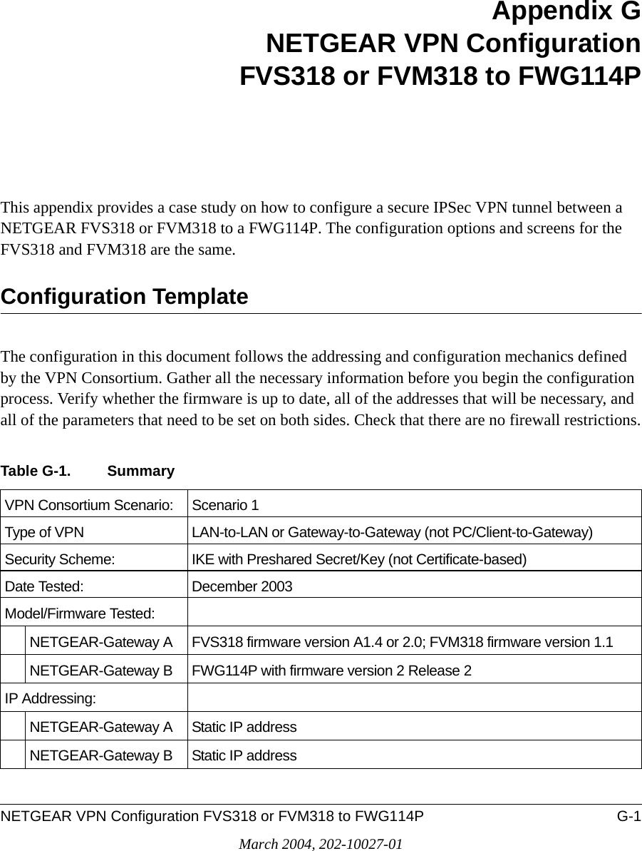 NETGEAR VPN Configuration FVS318 or FVM318 to FWG114P G-1March 2004, 202-10027-01Appendix GNETGEAR VPN Configuration FVS318 or FVM318 to FWG114PThis appendix provides a case study on how to configure a secure IPSec VPN tunnel between a NETGEAR FVS318 or FVM318 to a FWG114P. The configuration options and screens for the FVS318 and FVM318 are the same.Configuration TemplateThe configuration in this document follows the addressing and configuration mechanics defined by the VPN Consortium. Gather all the necessary information before you begin the configuration process. Verify whether the firmware is up to date, all of the addresses that will be necessary, and all of the parameters that need to be set on both sides. Check that there are no firewall restrictions.Table G-1. SummaryVPN Consortium Scenario: Scenario 1Type of VPN  LAN-to-LAN or Gateway-to-Gateway (not PC/Client-to-Gateway)Security Scheme: IKE with Preshared Secret/Key (not Certificate-based)Date Tested: December 2003Model/Firmware Tested:NETGEAR-Gateway A FVS318 firmware version A1.4 or 2.0; FVM318 firmware version 1.1NETGEAR-Gateway B FWG114P with firmware version 2 Release 2IP Addressing:NETGEAR-Gateway A Static IP addressNETGEAR-Gateway B Static IP address