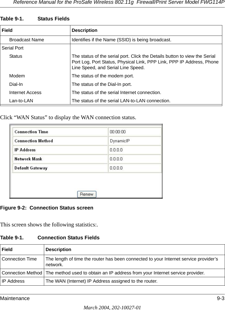 Reference Manual for the ProSafe Wireless 802.11g  Firewall/Print Server Model FWG114PMaintenance 9-3March 2004, 202-10027-01Click “WAN Status” to display the WAN connection status.Figure 9-2:  Connection Status screenThis screen shows the following statistics:.Broadcast Name Identifies if the Name (SSID) is being broadcast.Serial PortStatus The status of the serial port. Click the Details button to view the Serial Port Log, Port Status, Physical Link, PPP Link, PPP IP Address, Phone Line Speed, and Serial Line Speed.Modem The status of the modem port. Dial-In The status of the Dial-In port. Internet Access The status of the serial Internet connection.Lan-to-LAN The status of the serial LAN-to-LAN connection.Table 9-1. Connection Status Fields Field DescriptionConnection Time The length of time the router has been connected to your Internet service provider’s network.Connection Method The method used to obtain an IP address from your Internet service provider.IP Address The WAN (Internet) IP Address assigned to the router.Table 9-1. Status FieldsField Description