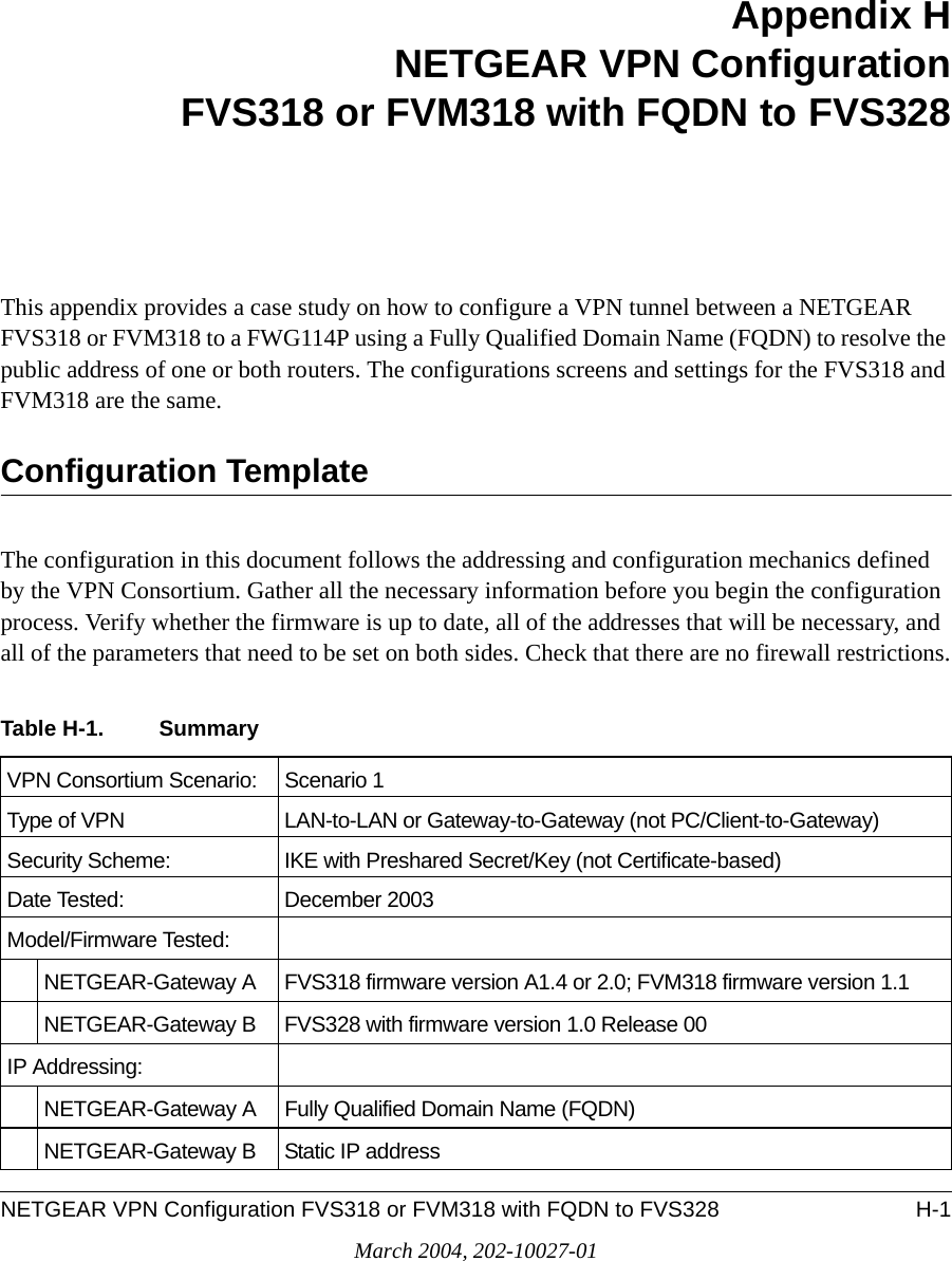 NETGEAR VPN Configuration FVS318 or FVM318 with FQDN to FVS328 H-1March 2004, 202-10027-01Appendix HNETGEAR VPN Configuration FVS318 or FVM318 with FQDN to FVS328 This appendix provides a case study on how to configure a VPN tunnel between a NETGEAR FVS318 or FVM318 to a FWG114P using a Fully Qualified Domain Name (FQDN) to resolve the public address of one or both routers. The configurations screens and settings for the FVS318 and FVM318 are the same.Configuration TemplateThe configuration in this document follows the addressing and configuration mechanics defined by the VPN Consortium. Gather all the necessary information before you begin the configuration process. Verify whether the firmware is up to date, all of the addresses that will be necessary, and all of the parameters that need to be set on both sides. Check that there are no firewall restrictions.Table H-1. SummaryVPN Consortium Scenario: Scenario 1Type of VPN  LAN-to-LAN or Gateway-to-Gateway (not PC/Client-to-Gateway)Security Scheme: IKE with Preshared Secret/Key (not Certificate-based)Date Tested: December 2003Model/Firmware Tested:NETGEAR-Gateway A FVS318 firmware version A1.4 or 2.0; FVM318 firmware version 1.1NETGEAR-Gateway B FVS328 with firmware version 1.0 Release 00IP Addressing:NETGEAR-Gateway A Fully Qualified Domain Name (FQDN)NETGEAR-Gateway B Static IP address