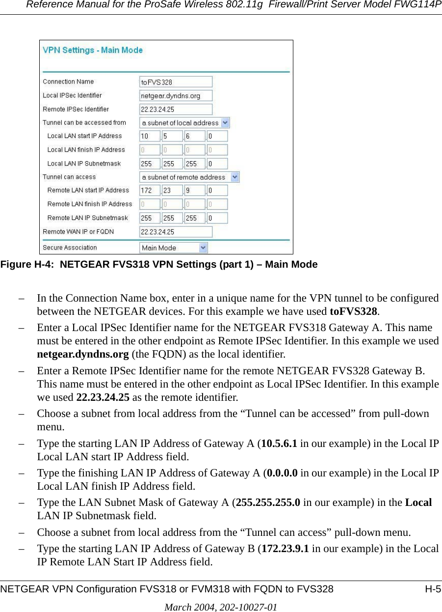 Reference Manual for the ProSafe Wireless 802.11g  Firewall/Print Server Model FWG114PNETGEAR VPN Configuration FVS318 or FVM318 with FQDN to FVS328 H-5March 2004, 202-10027-01Figure H-4:  NETGEAR FVS318 VPN Settings (part 1) – Main Mode– In the Connection Name box, enter in a unique name for the VPN tunnel to be configured between the NETGEAR devices. For this example we have used toFVS328.– Enter a Local IPSec Identifier name for the NETGEAR FVS318 Gateway A. This name must be entered in the other endpoint as Remote IPSec Identifier. In this example we used netgear.dyndns.org (the FQDN) as the local identifier.– Enter a Remote IPSec Identifier name for the remote NETGEAR FVS328 Gateway B. This name must be entered in the other endpoint as Local IPSec Identifier. In this example we used 22.23.24.25 as the remote identifier.– Choose a subnet from local address from the “Tunnel can be accessed” from pull-down menu.– Type the starting LAN IP Address of Gateway A (10.5.6.1 in our example) in the Local IP Local LAN start IP Address field.– Type the finishing LAN IP Address of Gateway A (0.0.0.0 in our example) in the Local IP Local LAN finish IP Address field.– Type the LAN Subnet Mask of Gateway A (255.255.255.0 in our example) in the Local LAN IP Subnetmask field.– Choose a subnet from local address from the “Tunnel can access” pull-down menu.– Type the starting LAN IP Address of Gateway B (172.23.9.1 in our example) in the Local IP Remote LAN Start IP Address field.