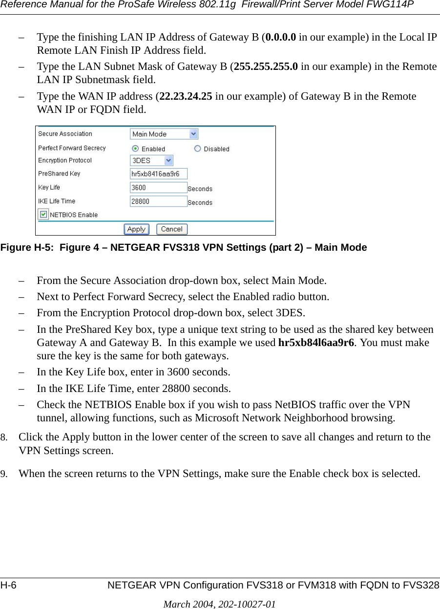 Reference Manual for the ProSafe Wireless 802.11g  Firewall/Print Server Model FWG114PH-6 NETGEAR VPN Configuration FVS318 or FVM318 with FQDN to FVS328March 2004, 202-10027-01– Type the finishing LAN IP Address of Gateway B (0.0.0.0 in our example) in the Local IP Remote LAN Finish IP Address field.– Type the LAN Subnet Mask of Gateway B (255.255.255.0 in our example) in the Remote LAN IP Subnetmask field.– Type the WAN IP address (22.23.24.25 in our example) of Gateway B in the Remote WAN IP or FQDN field.Figure H-5:  Figure 4 – NETGEAR FVS318 VPN Settings (part 2) – Main Mode– From the Secure Association drop-down box, select Main Mode.– Next to Perfect Forward Secrecy, select the Enabled radio button.– From the Encryption Protocol drop-down box, select 3DES.– In the PreShared Key box, type a unique text string to be used as the shared key between Gateway A and Gateway B.  In this example we used hr5xb84l6aa9r6. You must make sure the key is the same for both gateways.– In the Key Life box, enter in 3600 seconds.– In the IKE Life Time, enter 28800 seconds.– Check the NETBIOS Enable box if you wish to pass NetBIOS traffic over the VPN tunnel, allowing functions, such as Microsoft Network Neighborhood browsing.8. Click the Apply button in the lower center of the screen to save all changes and return to the VPN Settings screen.9. When the screen returns to the VPN Settings, make sure the Enable check box is selected.