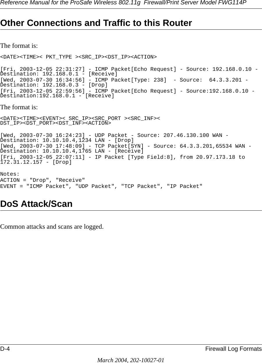 Reference Manual for the ProSafe Wireless 802.11g  Firewall/Print Server Model FWG114PD-4 Firewall Log FormatsMarch 2004, 202-10027-01Other Connections and Traffic to this RouterThe format is:&lt;DATE&gt;&lt;TIME&gt;&lt; PKT_TYPE &gt;&lt;SRC_IP&gt;&lt;DST_IP&gt;&lt;ACTION&gt;[Fri, 2003-12-05 22:31:27] - ICMP Packet[Echo Request] - Source: 192.168.0.10 - Destination: 192.168.0.1 - [Receive][Wed, 2003-07-30 16:34:56] - ICMP Packet[Type: 238]  - Source:  64.3.3.201 - Destination: 192.168.0.3 - [Drop][Fri, 2003-12-05 22:59:56] - ICMP Packet[Echo Request] - Source:192.168.0.10 - Destination:192.168.0.1 - [Receive]The format is:&lt;DATE&gt;&lt;TIME&gt;&lt;EVENT&gt;&lt; SRC_IP&gt;&lt;SRC_PORT &gt;&lt;SRC_INF&gt;&lt; DST_IP&gt;&lt;DST_PORT&gt;&lt;DST_INF&gt;&lt;ACTION&gt;[Wed, 2003-07-30 16:24:23] - UDP Packet - Source: 207.46.130.100 WAN - Destination: 10.10.10.4,1234 LAN - [Drop][Wed, 2003-07-30 17:48:09] - TCP Packet[SYN] - Source: 64.3.3.201,65534 WAN - Destination: 10.10.10.4,1765 LAN - [Receive][Fri, 2003-12-05 22:07:11] - IP Packet [Type Field:8], from 20.97.173.18 to 172.31.12.157 - [Drop]Notes:ACTION = &quot;Drop&quot;, &quot;Receive&quot;EVENT = &quot;ICMP Packet&quot;, &quot;UDP Packet&quot;, &quot;TCP Packet&quot;, &quot;IP Packet&quot;DoS Attack/ScanCommon attacks and scans are logged.