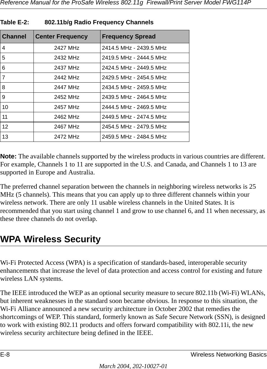 Reference Manual for the ProSafe Wireless 802.11g  Firewall/Print Server Model FWG114PE-8 Wireless Networking BasicsMarch 2004, 202-10027-01Note: The available channels supported by the wireless products in various countries are different. For example, Channels 1 to 11 are supported in the U.S. and Canada, and Channels 1 to 13 are supported in Europe and Australia.The preferred channel separation between the channels in neighboring wireless networks is 25 MHz (5 channels). This means that you can apply up to three different channels within your wireless network. There are only 11 usable wireless channels in the United States. It is recommended that you start using channel 1 and grow to use channel 6, and 11 when necessary, as these three channels do not overlap.WPA Wireless SecurityWi-Fi Protected Access (WPA) is a specification of standards-based, interoperable security enhancements that increase the level of data protection and access control for existing and future wireless LAN systems. The IEEE introduced the WEP as an optional security measure to secure 802.11b (Wi-Fi) WLANs, but inherent weaknesses in the standard soon became obvious. In response to this situation, the Wi-Fi Alliance announced a new security architecture in October 2002 that remedies the shortcomings of WEP. This standard, formerly known as Safe Secure Network (SSN), is designed to work with existing 802.11 products and offers forward compatibility with 802.11i, the new wireless security architecture being defined in the IEEE. 4 2427 MHz 2414.5 MHz - 2439.5 MHz5 2432 MHz 2419.5 MHz - 2444.5 MHz6 2437 MHz 2424.5 MHz - 2449.5 MHz7 2442 MHz 2429.5 MHz - 2454.5 MHz8 2447 MHz 2434.5 MHz - 2459.5 MHz9 2452 MHz 2439.5 MHz - 2464.5 MHz10 2457 MHz 2444.5 MHz - 2469.5 MHz11 2462 MHz 2449.5 MHz - 2474.5 MHz12 2467 MHz 2454.5 MHz - 2479.5 MHz13 2472 MHz 2459.5 MHz - 2484.5 MHzTable E-2: 802.11b/g Radio Frequency ChannelsChannel Center Frequency Frequency Spread