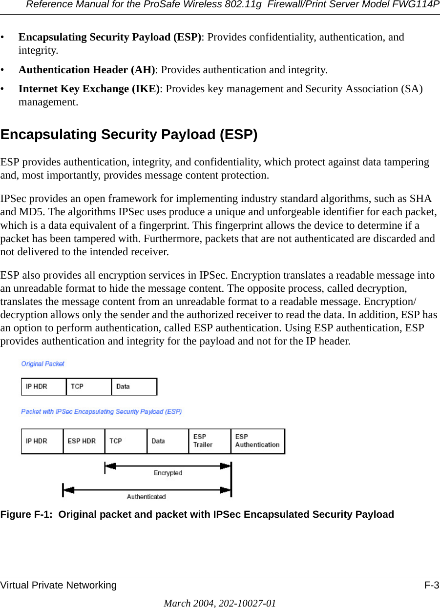 Reference Manual for the ProSafe Wireless 802.11g  Firewall/Print Server Model FWG114PVirtual Private Networking F-3March 2004, 202-10027-01•Encapsulating Security Payload (ESP): Provides confidentiality, authentication, and integrity.•Authentication Header (AH): Provides authentication and integrity.•Internet Key Exchange (IKE): Provides key management and Security Association (SA) management.Encapsulating Security Payload (ESP)ESP provides authentication, integrity, and confidentiality, which protect against data tampering and, most importantly, provides message content protection.IPSec provides an open framework for implementing industry standard algorithms, such as SHA and MD5. The algorithms IPSec uses produce a unique and unforgeable identifier for each packet, which is a data equivalent of a fingerprint. This fingerprint allows the device to determine if a packet has been tampered with. Furthermore, packets that are not authenticated are discarded and not delivered to the intended receiver.ESP also provides all encryption services in IPSec. Encryption translates a readable message into an unreadable format to hide the message content. The opposite process, called decryption, translates the message content from an unreadable format to a readable message. Encryption/decryption allows only the sender and the authorized receiver to read the data. In addition, ESP has an option to perform authentication, called ESP authentication. Using ESP authentication, ESP provides authentication and integrity for the payload and not for the IP header.Figure F-1:  Original packet and packet with IPSec Encapsulated Security Payload