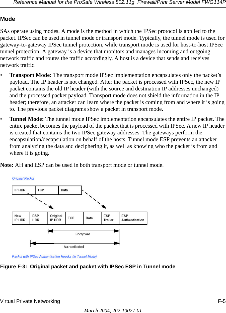 Reference Manual for the ProSafe Wireless 802.11g  Firewall/Print Server Model FWG114PVirtual Private Networking F-5March 2004, 202-10027-01ModeSAs operate using modes. A mode is the method in which the IPSec protocol is applied to the packet. IPSec can be used in tunnel mode or transport mode. Typically, the tunnel mode is used for gateway-to-gateway IPSec tunnel protection, while transport mode is used for host-to-host IPSec tunnel protection. A gateway is a device that monitors and manages incoming and outgoing network traffic and routes the traffic accordingly. A host is a device that sends and receives network traffic.•Transport Mode: The transport mode IPSec implementation encapsulates only the packet’s payload. The IP header is not changed. After the packet is processed with IPSec, the new IP packet contains the old IP header (with the source and destination IP addresses unchanged) and the processed packet payload. Transport mode does not shield the information in the IP header; therefore, an attacker can learn where the packet is coming from and where it is going to. The previous packet diagrams show a packet in transport mode.•Tunnel Mode: The tunnel mode IPSec implementation encapsulates the entire IP packet. The entire packet becomes the payload of the packet that is processed with IPSec. A new IP header is created that contains the two IPSec gateway addresses. The gateways perform the encapsulation/decapsulation on behalf of the hosts. Tunnel mode ESP prevents an attacker from analyzing the data and deciphering it, as well as knowing who the packet is from and where it is going.Note: AH and ESP can be used in both transport mode or tunnel mode.Figure F-3:  Original packet and packet with IPSec ESP in Tunnel mode