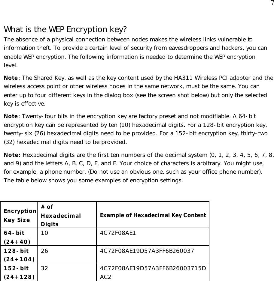  7What is the WEP Encryption key?  The absence of a physical connection between nodes makes the wireless links vulnerable to information theft. To provide a certain level of security from eavesdroppers and hackers, you can enable WEP encryption. The following information is needed to determine the WEP encryption level.   Note: The Shared Key, as well as the key content used by the HA311 Wireless PCI adapter and the wireless access point or other wireless nodes in the same network, must be the same. You can enter up to four different keys in the dialog box (see the screen shot below) but only the selected key is effective.  Note: Twenty-four bits in the encryption key are factory preset and not modifiable. A 64-bit encryption key can be represented by ten (10) hexadecimal digits. For a 128-bit encryption key, twenty-six (26) hexadecimal digits need to be provided. For a 152-bit encryption key, thirty-two (32) hexadecimal digits need to be provided.   Note: Hexadecimal digits are the first ten numbers of the decimal system (0, 1, 2, 3, 4, 5, 6, 7, 8, and 9) and the letters A, B, C, D, E, and F. Your choice of characters is arbitrary. You might use, for example, a phone number. (Do not use an obvious one, such as your office phone number). The table below shows you some examples of encryption settings.   EncryptionKey Size # of  Hexadecimal Digits Example of Hexadecimal Key Content 64-bit  (24+40) 10 4C72F08AE1 128-bit (24+104) 26 4C72F08AE19D57A3FF6B260037 152-bit (24+128) 32 4C72F08AE19D57A3FF6B26003715DAC2   