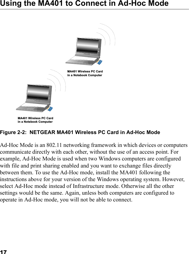 17Using the MA401 to Connect in Ad-Hoc Mode Figure 2-2:  NETGEAR MA401 Wireless PC Card in Ad-Hoc ModeAd-Hoc Mode is an 802.11 networking framework in which devices or computers communicate directly with each other, without the use of an access point. For example, Ad-Hoc Mode is used when two Windows computers are configured with file and print sharing enabled and you want to exchange files directly between them. To use the Ad-Hoc mode, install the MA401 following the instructions above for your version of the Windows operating system. However, select Ad-Hoc mode instead of Infrastructure mode. Otherwise all the other settings would be the same. Again, unless both computers are configured to operate in Ad-Hoc mode, you will not be able to connect.MA401 Wireless PC Cardin a Notebook ComputerMA401 Wireless PC Cardin a Notebook Computer