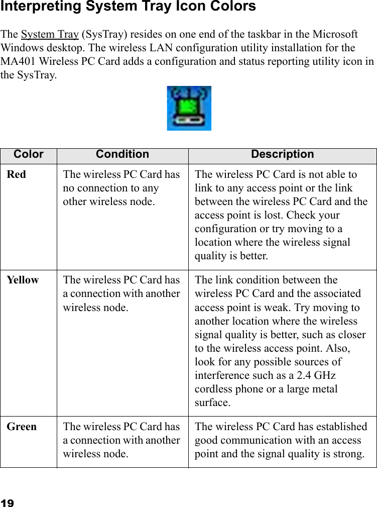 19Interpreting System Tray Icon ColorsThe System Tray (SysTray) resides on one end of the taskbar in the Microsoft Windows desktop. The wireless LAN configuration utility installation for the MA401 Wireless PC Card adds a configuration and status reporting utility icon in the SysTray. Color Condition DescriptionRed The wireless PC Card has no connection to any other wireless node.The wireless PC Card is not able to link to any access point or the link between the wireless PC Card and the access point is lost. Check your configuration or try moving to a location where the wireless signal quality is better.Yellow The wireless PC Card has a connection with another wireless node.The link condition between the wireless PC Card and the associated access point is weak. Try moving to another location where the wireless signal quality is better, such as closer to the wireless access point. Also, look for any possible sources of interference such as a 2.4 GHz cordless phone or a large metal surface.Green The wireless PC Card has a connection with another wireless node.The wireless PC Card has established good communication with an access point and the signal quality is strong.