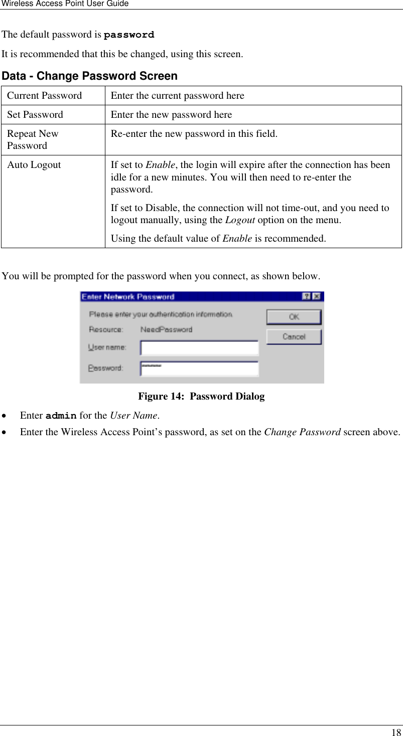 Wireless Access Point User Guide   18 The default password is password  It is recommended that this be changed, using this screen. Data - Change Password Screen Current Password Enter the current password here Set Password Enter the new password here Repeat New Password Re-enter the new password in this field. Auto Logout  If set to Enable, the login will expire after the connection has been idle for a new minutes. You will then need to re-enter the password. If set to Disable, the connection will not time-out, and you need to logout manually, using the Logout option on the menu. Using the default value of Enable is recommended.  You will be prompted for the password when you connect, as shown below.   Figure 14:  Password Dialog •  Enter admin for the User Name. •  Enter the Wireless Access Point’s password, as set on the Change Password screen above.  