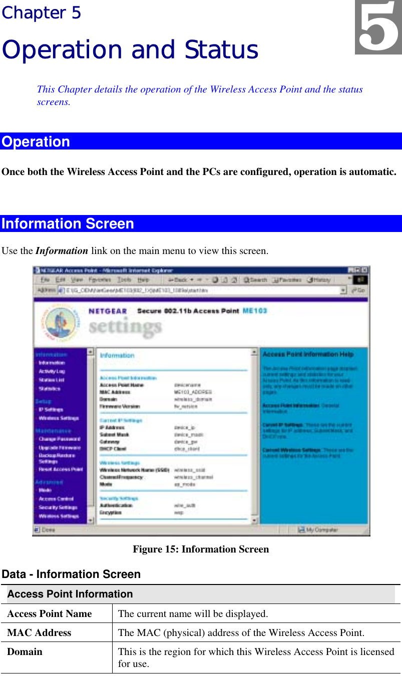   Chapter 5 Operation and Status This Chapter details the operation of the Wireless Access Point and the status screens. Operation Once both the Wireless Access Point and the PCs are configured, operation is automatic.  Information Screen Use the Information link on the main menu to view this screen.  Figure 15: Information Screen Data - Information Screen Access Point Information Access Point Name  The current name will be displayed. MAC Address  The MAC (physical) address of the Wireless Access Point. Domain  This is the region for which this Wireless Access Point is licensed for use.  5 