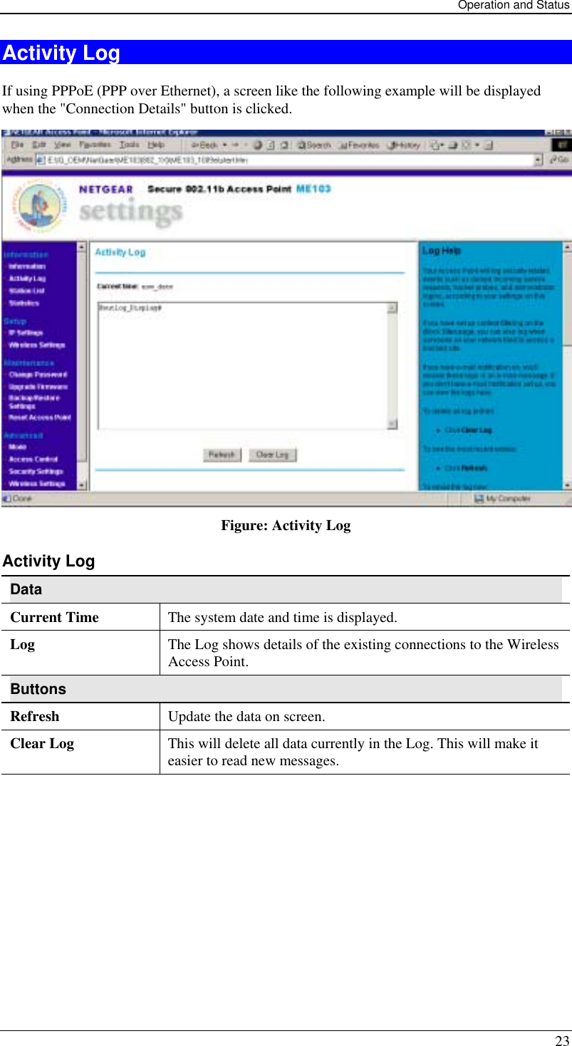 Operation and Status 23 Activity Log If using PPPoE (PPP over Ethernet), a screen like the following example will be displayed when the &quot;Connection Details&quot; button is clicked.  Figure: Activity Log Activity Log Data Current Time  The system date and time is displayed. Log  The Log shows details of the existing connections to the Wireless Access Point. Buttons Refresh  Update the data on screen. Clear Log  This will delete all data currently in the Log. This will make it easier to read new messages.  