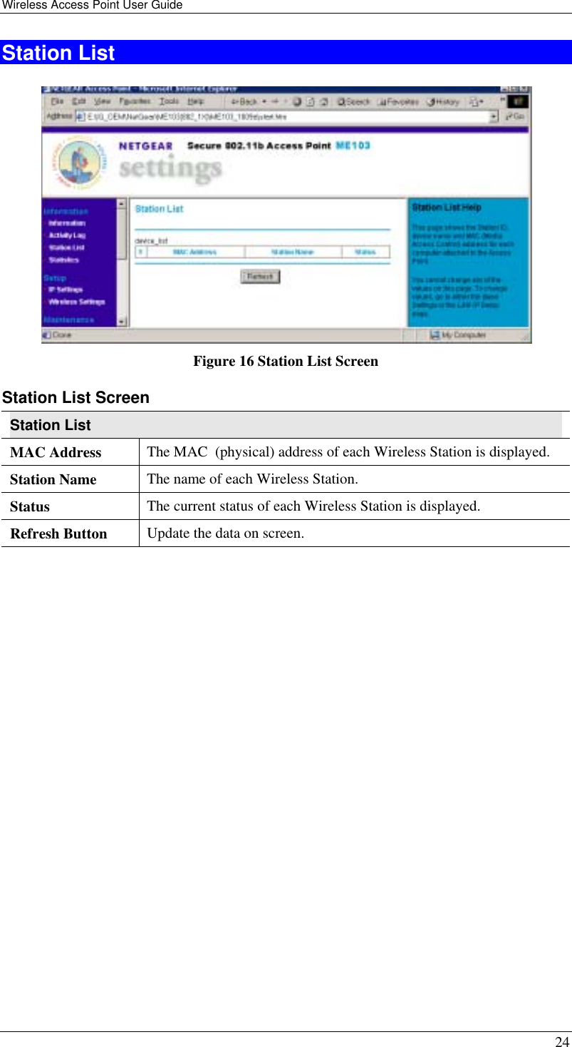 Wireless Access Point User Guide   24 Station List  Figure 16 Station List Screen Station List Screen Station List MAC Address  The MAC  (physical) address of each Wireless Station is displayed. Station Name  The name of each Wireless Station. Status  The current status of each Wireless Station is displayed. Refresh Button  Update the data on screen.  