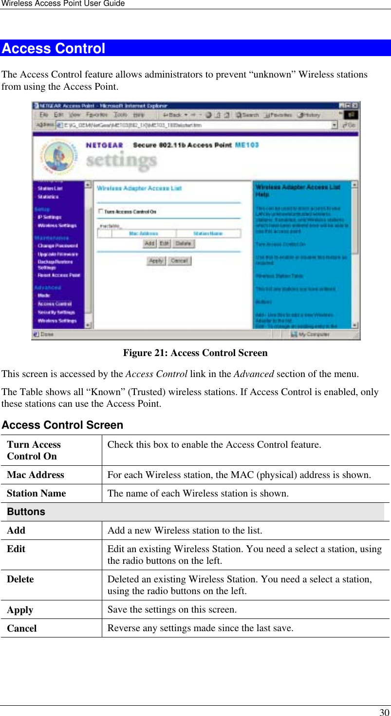 Wireless Access Point User Guide   30 Access Control The Access Control feature allows administrators to prevent “unknown” Wireless stations from using the Access Point.  Figure 21: Access Control Screen This screen is accessed by the Access Control link in the Advanced section of the menu. The Table shows all “Known” (Trusted) wireless stations. If Access Control is enabled, only these stations can use the Access Point. Access Control Screen Turn Access Control On  Check this box to enable the Access Control feature. Mac Address  For each Wireless station, the MAC (physical) address is shown. Station Name  The name of each Wireless station is shown. Buttons Add  Add a new Wireless station to the list. Edit  Edit an existing Wireless Station. You need a select a station, using the radio buttons on the left. Delete  Deleted an existing Wireless Station. You need a select a station, using the radio buttons on the left. Apply   Save the settings on this screen. Cancel  Reverse any settings made since the last save.  