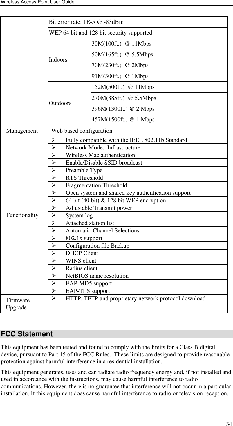 Wireless Access Point User Guide   34 Bit error rate: 1E-5 @ -83dBm WEP 64 bit and 128 bit security supported 30M(100ft.)  @ 11Mbps 50M(165ft.)  @ 5.5Mbps 70M(230ft.)  @ 2Mbps Indoors 91M(300ft.)  @ 1Mbps 152M(500ft.)  @ 11Mbps 270M(885ft.)  @ 5.5Mbps 396M(1300ft.) @ 2 Mbps  Outdoors 457M(1500ft.) @ 1 Mbps Management  Web based configuration   Fully compatible with the IEEE 802.11b Standard   Network Mode:  Infrastructure    Wireless Mac authentication   Enable/Disable SSID broadcast   Preamble Type   RTS Threshold   Fragmentation Threshold   Open system and shared key authentication support   64 bit (40 bit) &amp; 128 bit WEP encryption   Adjustable Transmit power   System log   Attached station list   Automatic Channel Selections   802.1x support   Configuration file Backup   DHCP Client   WINS client   Radius client   NetBIOS name resolution   EAP-MD5 support Functionality   EAP-TLS support Firmware Upgrade   HTTP, TFTP and proprietary network protocol download  FCC Statement This equipment has been tested and found to comply with the limits for a Class B digital device, pursuant to Part 15 of the FCC Rules.  These limits are designed to provide reasonable protection against harmful interference in a residential installation.  This equipment generates, uses and can radiate radio frequency energy and, if not installed and used in accordance with the instructions, may cause harmful interference to radio communications. However, there is no guarantee that interference will not occur in a particular installation. If this equipment does cause harmful interference to radio or television reception, 