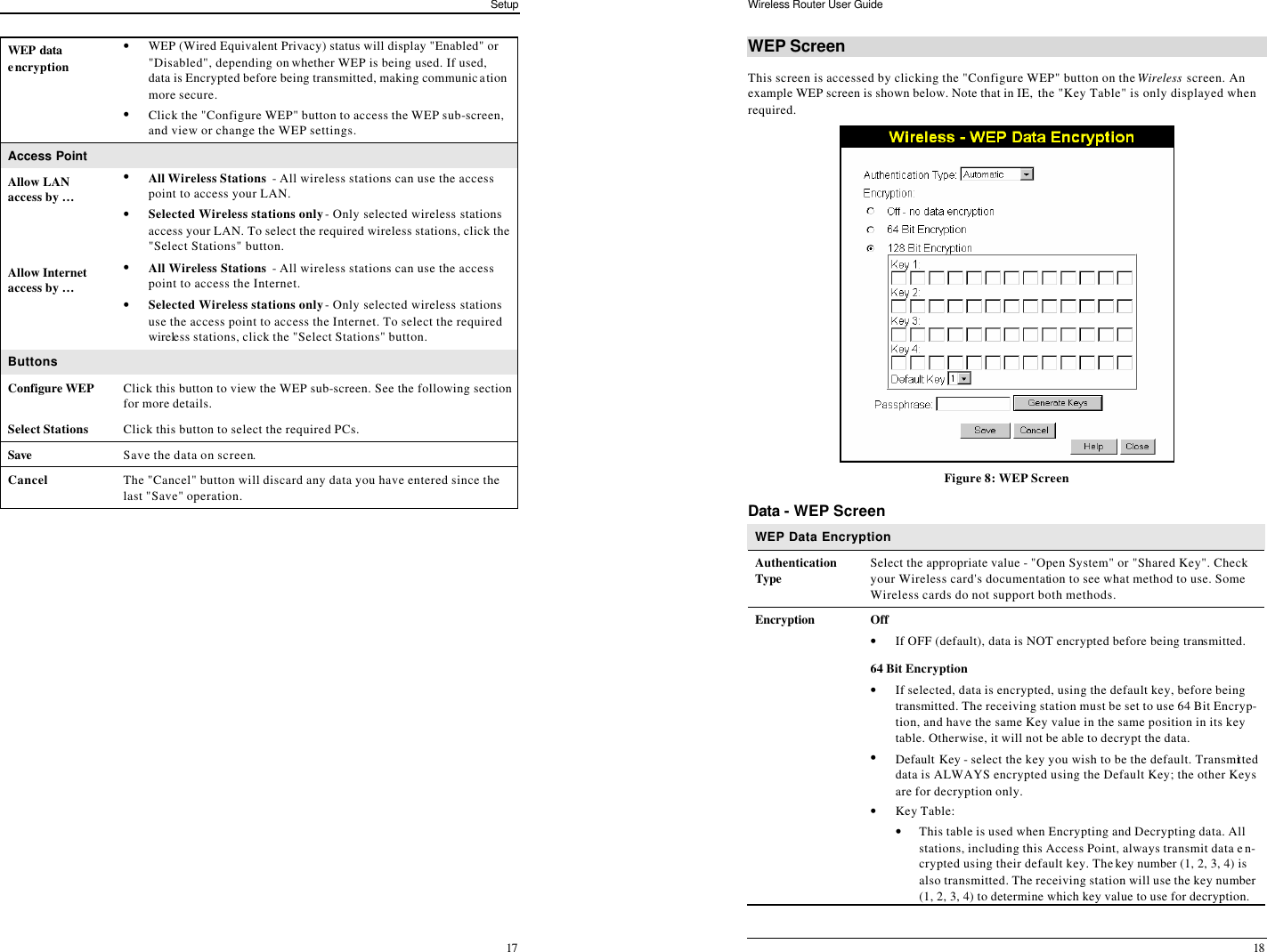 Setup 17 WEP data encryption • WEP (Wired Equivalent Privacy) status will display &quot;Enabled&quot; or &quot;Disabled&quot;, depending on whether WEP is being used. If used, data is Encrypted before being transmitted, making communication more secure. • Click the &quot;Configure WEP&quot; button to access the WEP sub-screen, and view or change the WEP settings. Access Point  Allow LAN  access by … • All Wireless Stations  - All wireless stations can use the access point to access your LAN.  • Selected Wireless stations only - Only selected wireless stations access your LAN. To select the required wireless stations, click the &quot;Select Stations&quot; button. Allow Internet access by … • All Wireless Stations  - All wireless stations can use the access point to access the Internet.  • Selected Wireless stations only - Only selected wireless stations use the access point to access the Internet. To select the required wireless stations, click the &quot;Select Stations&quot; button. Buttons Configure WEP  Click this button to view the WEP sub-screen. See the following section for more details. Select Stations  Click this button to select the required PCs. Save Save the data on screen. Cancel The &quot;Cancel&quot; button will discard any data you have entered since the last &quot;Save&quot; operation.  Wireless Router User Guide 18 WEP Screen This screen is accessed by clicking the &quot;Configure WEP&quot; button on the Wireless screen. An example WEP screen is shown below. Note that in IE, the &quot;Key Table&quot; is only displayed when required.  Figure 8: WEP Screen Data - WEP Screen WEP Data Encryption Authentication Type Select the appropriate value - &quot;Open System&quot; or &quot;Shared Key&quot;. Check your Wireless card&apos;s documentation to see what method to use. Some Wireless cards do not support both methods. Encryption Off  • If OFF (default), data is NOT encrypted before being transmitted. 64 Bit Encryption • If selected, data is encrypted, using the default key, before being transmitted. The receiving station must be set to use 64 Bit Encryp-tion, and have the same Key value in the same position in its key table. Otherwise, it will not be able to decrypt the data. • Default Key - select the key you wish to be the default. Transmitted data is ALWAYS encrypted using the Default Key; the other Keys are for decryption only. • Key Table: • This table is used when Encrypting and Decrypting data. All stations, including this Access Point, always transmit data en-crypted using their default key. The key number (1, 2, 3, 4) is also transmitted. The receiving station will use the key number (1, 2, 3, 4) to determine which key value to use for decryption. 