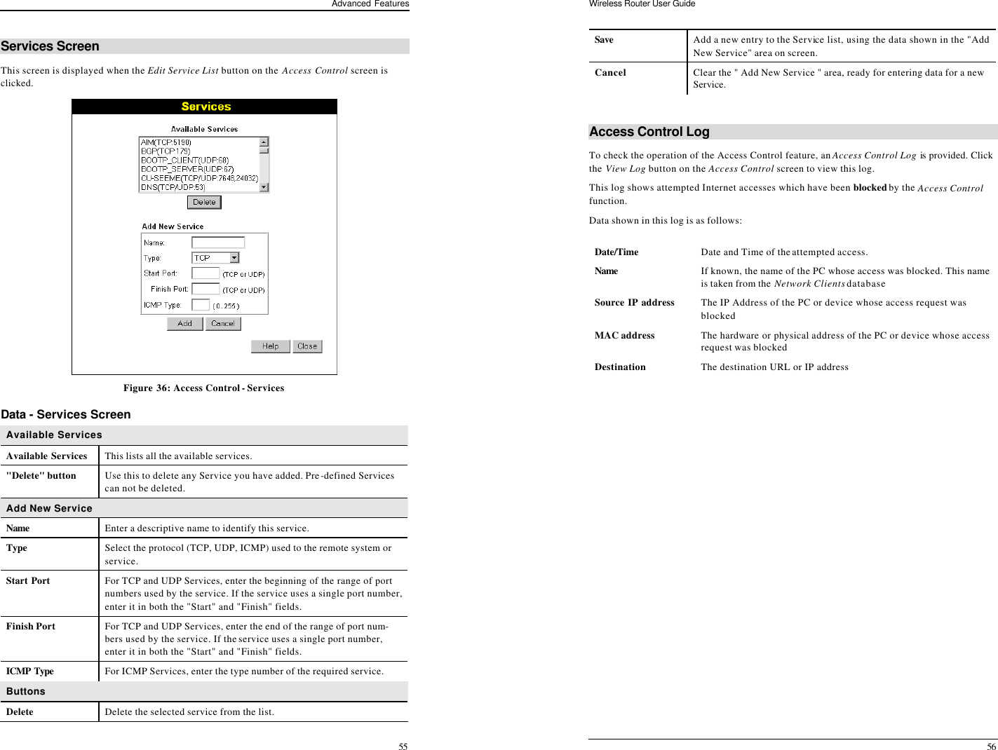 Advanced Features 55 Services Screen This screen is displayed when the Edit Service List button on the Access Control screen is clicked.  Figure 36: Access Control - Services Data - Services Screen Available Services Available Services This lists all the available services. &quot;Delete&quot; button Use this to delete any Service you have added. Pre-defined Services can not be deleted. Add New Service Name  Enter a descriptive name to identify this service. Type Select the protocol (TCP, UDP, ICMP) used to the remote system or service. Start Port For TCP and UDP Services, enter the beginning of the range of port numbers used by the service. If the service uses a single port number, enter it in both the &quot;Start&quot; and &quot;Finish&quot; fields. Finish Port For TCP and UDP Services, enter the end of the range of port num-bers used by the service. If the service uses a single port number, enter it in both the &quot;Start&quot; and &quot;Finish&quot; fields. ICMP Type  For ICMP Services, enter the type number of the required service. Buttons Delete Delete the selected service from the list. Wireless Router User Guide 56 Save Add a new entry to the Service list, using the data shown in the &quot;Add New Service&quot; area on screen. Cancel Clear the &quot; Add New Service &quot; area, ready for entering data for a new Service.  Access Control Log To check the operation of the Access Control feature, an Access Control Log is provided. Click the View Log button on the Access Control screen to view this log.  This log shows attempted Internet accesses which have been blocked by the Access Control function.  Data shown in this log is as follows:   Date/Time  Date and Time of the attempted access. Name  If known, the name of the PC whose access was blocked. This name is taken from the Network Clients database Source IP address The IP Address of the PC or device whose access request was blocked MAC address The hardware or physical address of the PC or device whose access request was blocked Destination The destination URL or IP address    