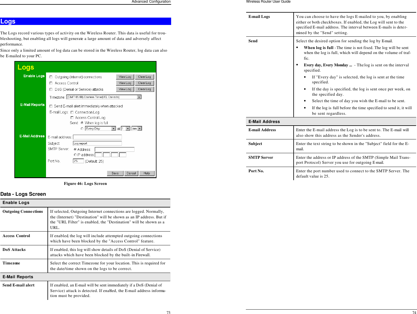 Advanced Configuration 73 Logs The Logs record various types of activity on the Wireless Router. This data is useful for trou-bleshooting, but enabling all logs will generate a large amount of data and adversely affect performance. Since only a limited amount of log data can be stored in the Wireless Router, log data can also be E-mailed to your PC.  Figure 46: Logs Screen Data - Logs Screen Enable Logs Outgoing Connections  If selected, Outgoing Internet connections are logged. Normally, the (Internet) &quot;Destination&quot; will be shown as an IP address. But if the &quot;URL Filter&quot; is enabled, the &quot;Destination&quot; will be shown as a URL. Access Control If enabled, the log will include attempted outgoing connections which have been blocked by the &quot;Access Control&quot; feature. DoS Attacks  If enabled, this log will show details of DoS (Denial of Service) attacks which have been blocked by the built-in Firewall. Timezone Select the correct Timezone for your location. This is required for the date/time shown on the logs to be correct. E-Mail Reports Send E-mail alert If enabled, an E-mail will be sent immediately if a DoS (Denial of Service) attack is detected. If enabled, the E-mail address informa-tion must be provided. Wireless Router User Guide 74 E-mail Logs You can choose to have the logs E-mailed to you, by enabling either or both checkboxes. If enabled, the Log will sent to the specified E-mail address. The interval between E-mails is deter-mined by the &quot;Send&quot; setting. Send Select the desired option for sending the log by E-mail. • When log is full - The time is not fixed. The log will be sent when the log is full, which will depend on the volume of traf-fic.  • Every day, Every Monday ...  - The log is sent on the interval specified.  • If &quot;Every day&quot; is selected, the log is sent at the time specified.  • If the day is specified, the log is sent once per week, on the specified day.  • Select the time of day you wish the E-mail to be sent.  • If the log is full before the time specified to send it, it will be sent regardless. E-Mail Address E-mail Address Enter the E-mail address the Log is to be sent to. The E-mail will also show this address as the Sender&apos;s address. Subject Enter the text string to be shown in the &quot;Subject&quot; field for the E-mail. SMTP Server Enter the address or IP address of the SMTP (Simple Mail Trans-port Protocol) Server you use for outgoing E-mail. Port No. Enter the port number used to connect to the SMTP Server. The default value is 25.   